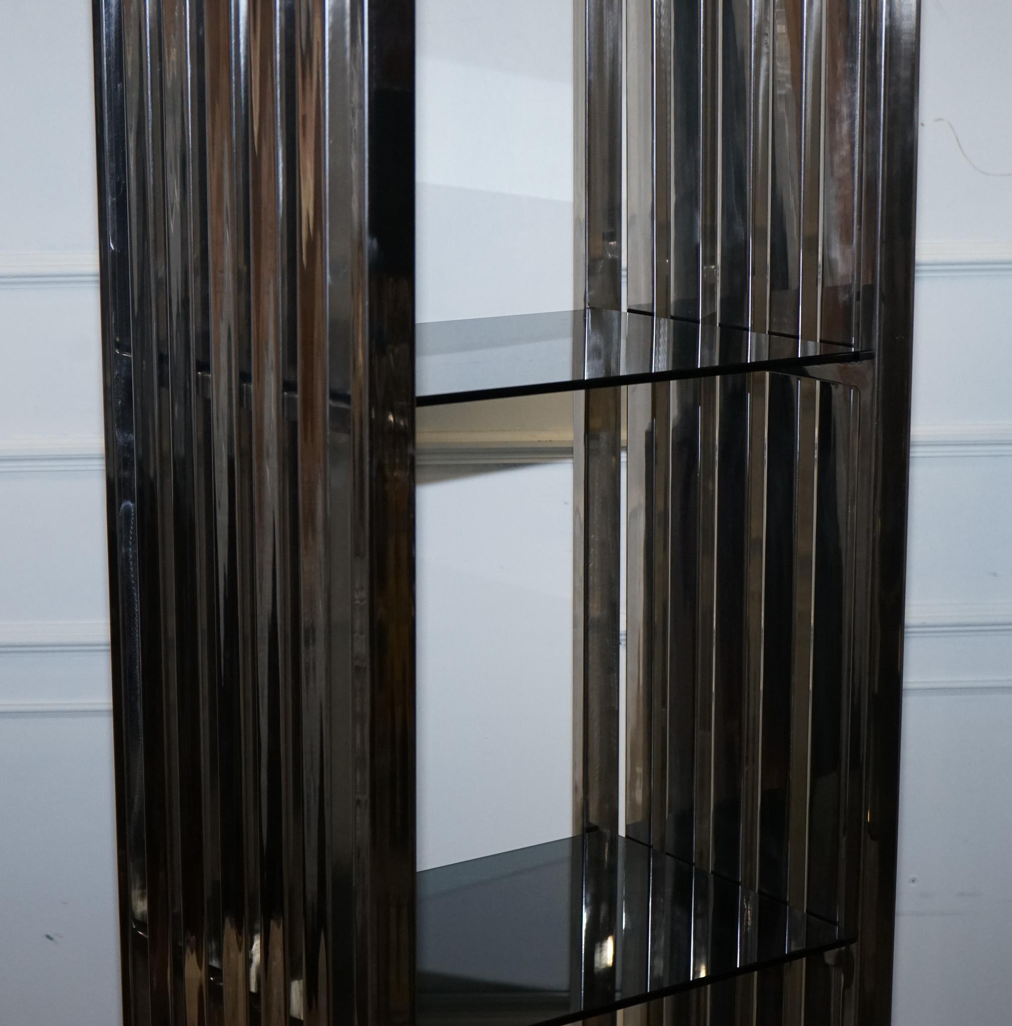 STUNNING CASA PADRINO STAINLESS STEEL PAiR OF BOOKCASES AND SMOKED GLASS SHELFS For Sale 2