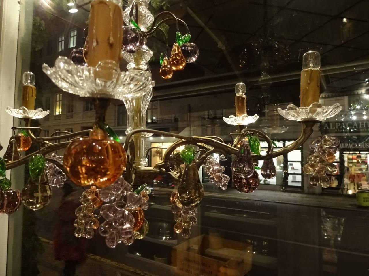 Gorgeous vintage French chandelier / ceiling light, in cast bronze, and beautifully decorated with lovely fruit and grapes, all made of coloured glass. Eight arms for electric light, and glorious patina.