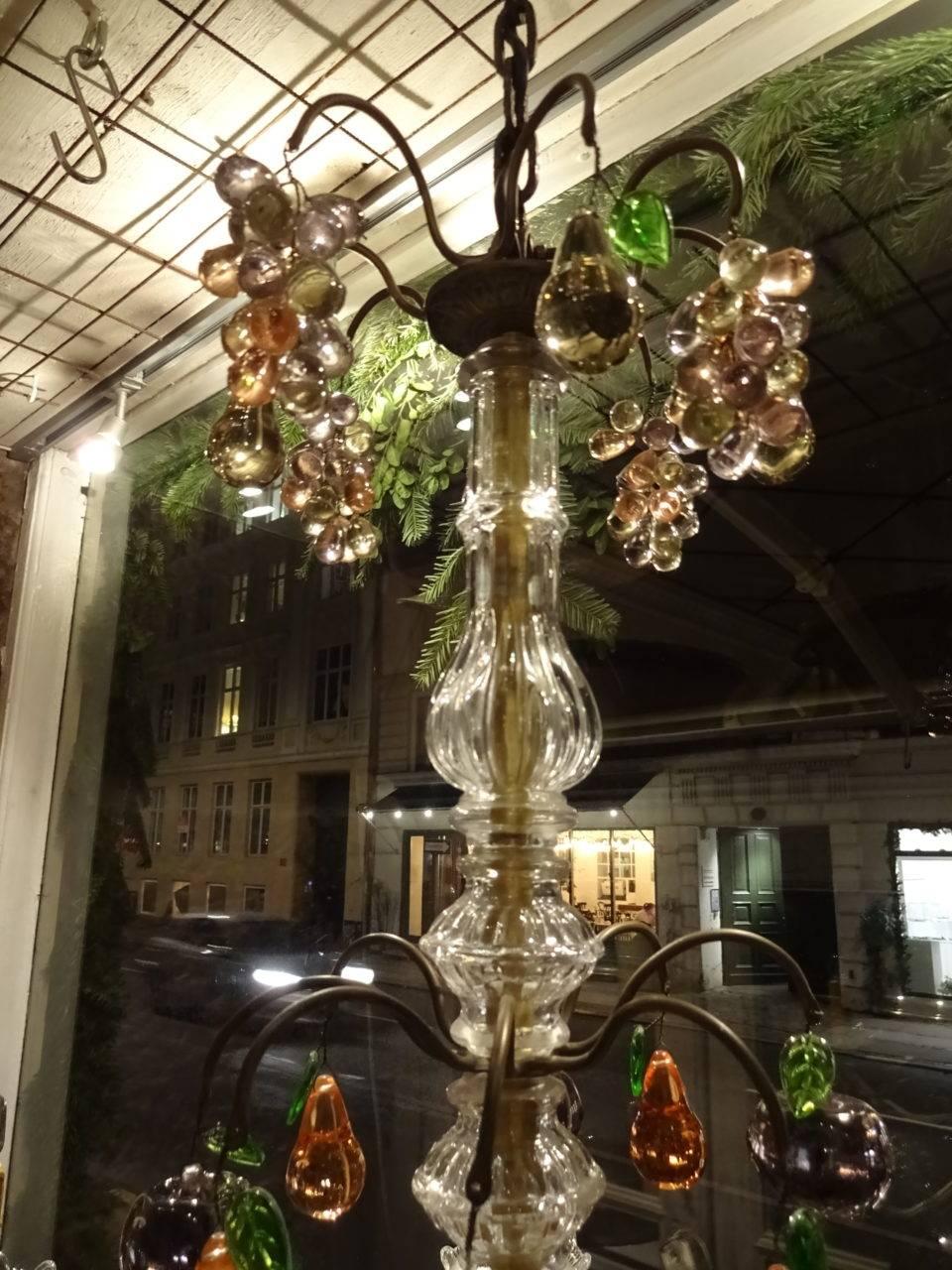 French Stunning Cast Iron with Glass Fruit Prisms Vintage Chandelier