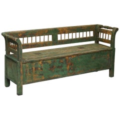 Stunning Central European Pitch Pine 19th Century Original Green Paint Bench