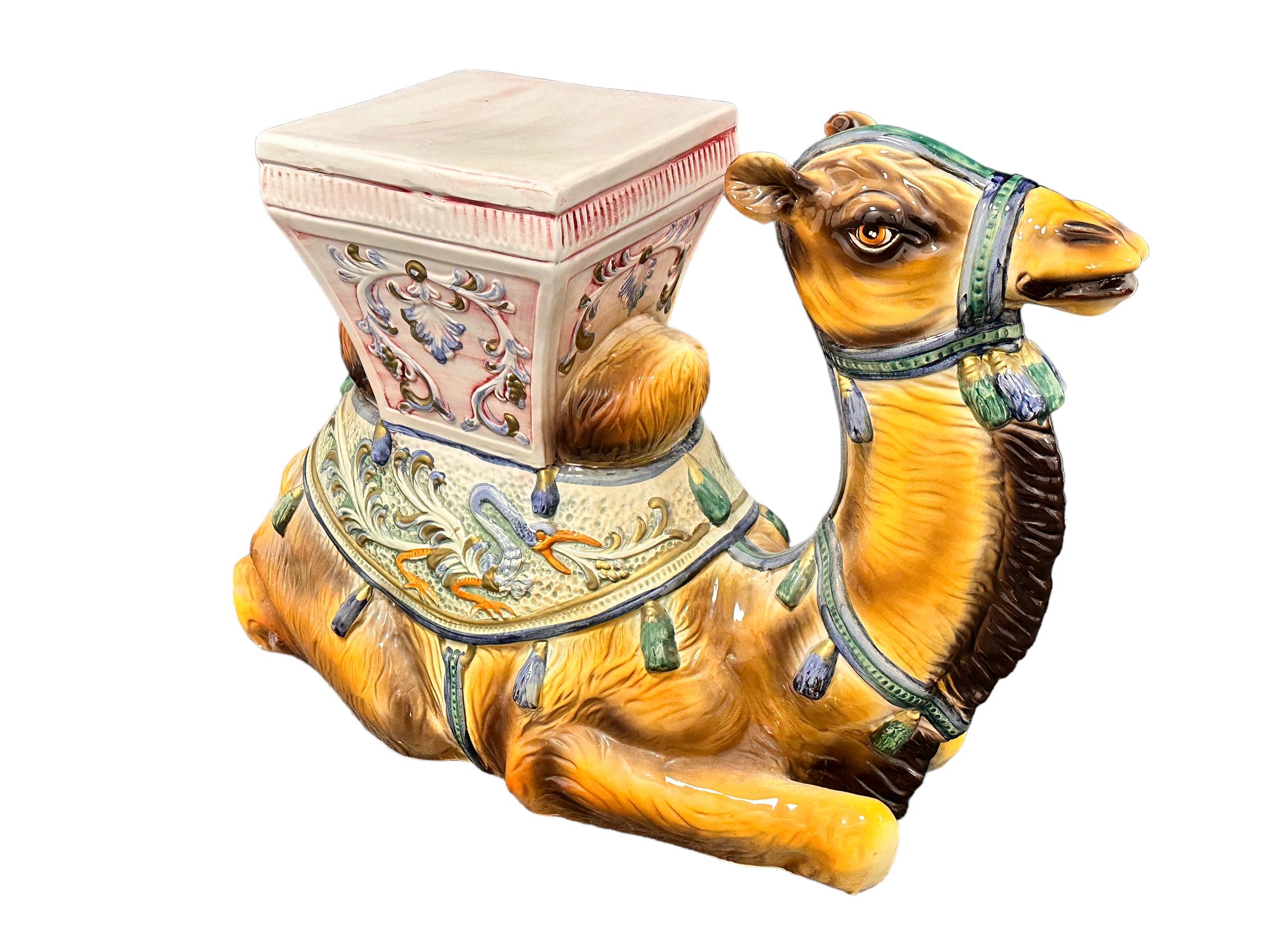 German Stunning Ceramic Hollywood Regency Camel Garden Stool or Side Table, Italy 1960s For Sale