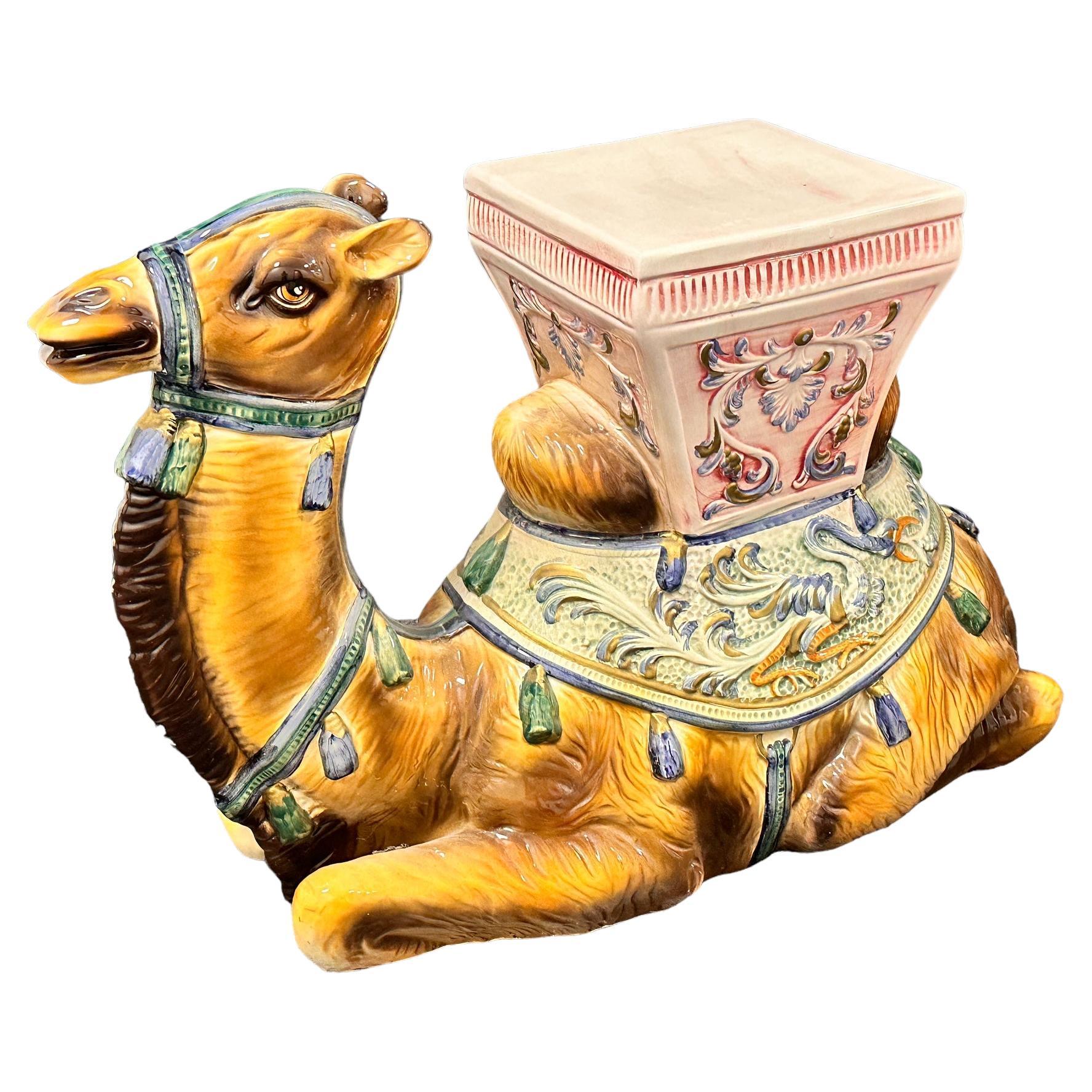 Stunning Ceramic Hollywood Regency Camel Garden Stool or Side Table, Italy 1960s For Sale