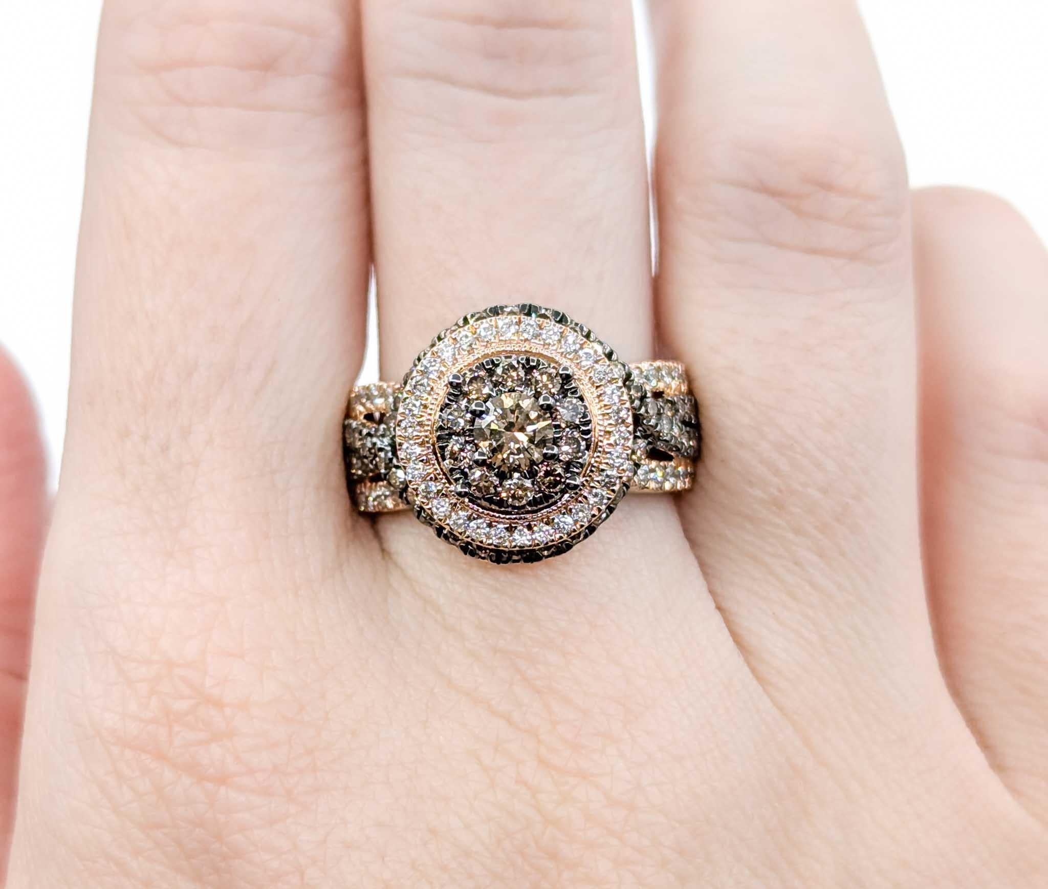 Atemberaubender Champagner- und Weißdiamantring aus 14k Roségold mit Diamanten (Rundschliff)