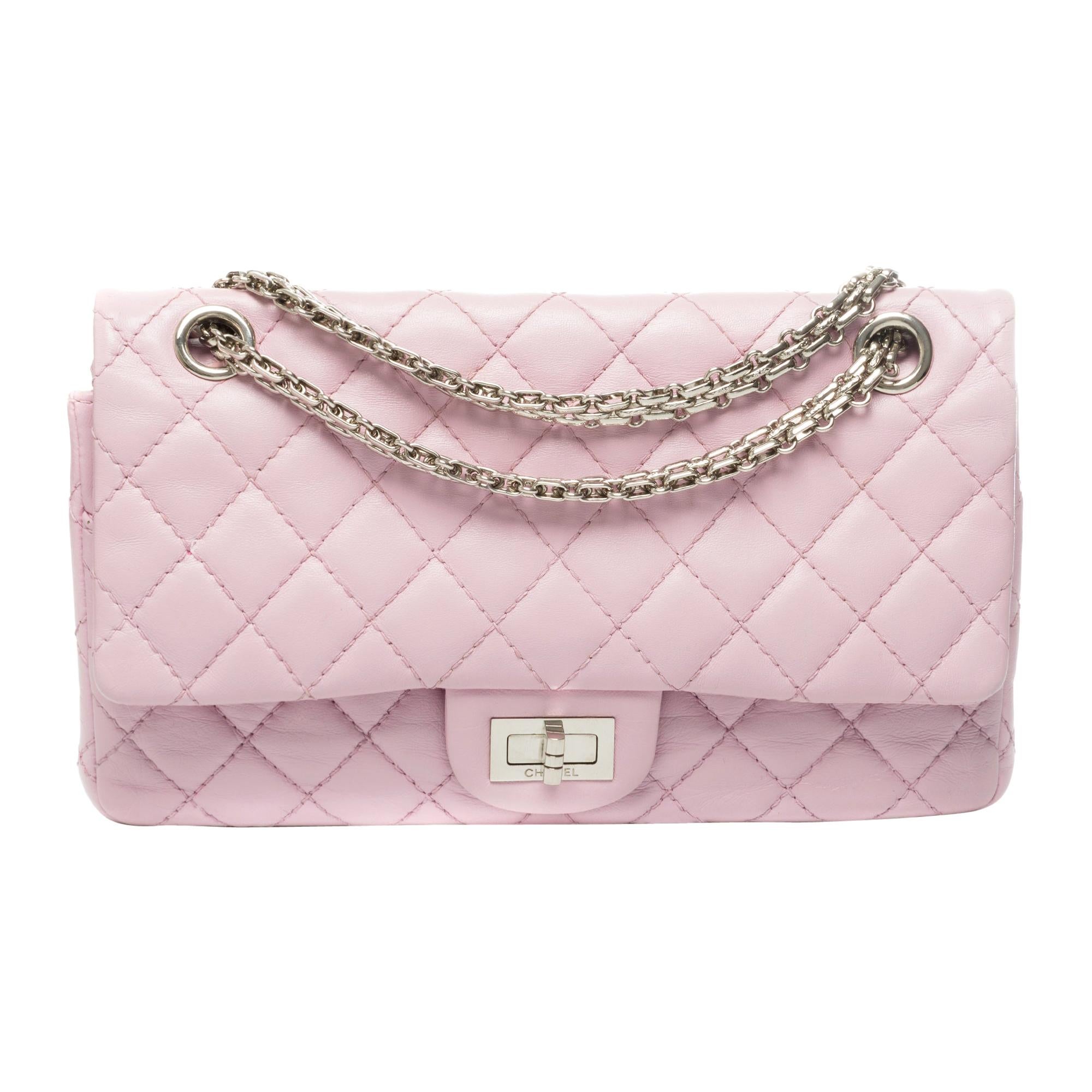 Stunning Chanel 2.55 shoulder bag in pink quilted leather with silver hardware