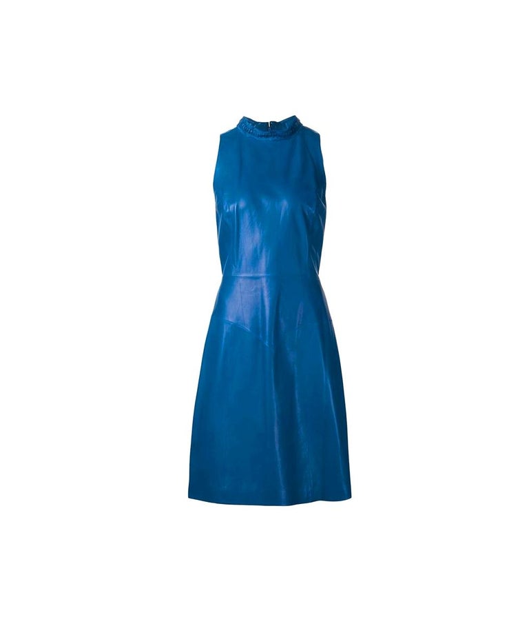 Stunning CHANEL Blue Leather Dress with Tweed Braid and CC Logo Details