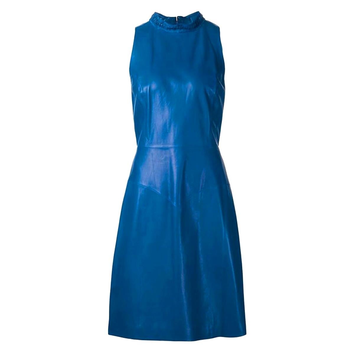 Stunning CHANEL Blue Leather Dress with Tweed Braid and CC Logo Details ...