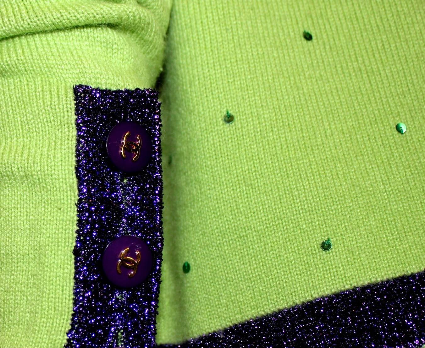 Green Chanel Signature Cashmere Sequin CC Logo Button Cardigan Jacket Top Twin Set