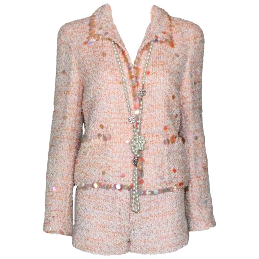Chanel Pink Tweed Sequin Detail Long Sleeve Dress M