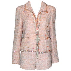 CHANEL 1998 Orange & Beige Wool Tweed Vintage Skirt Suit Bouclé CC