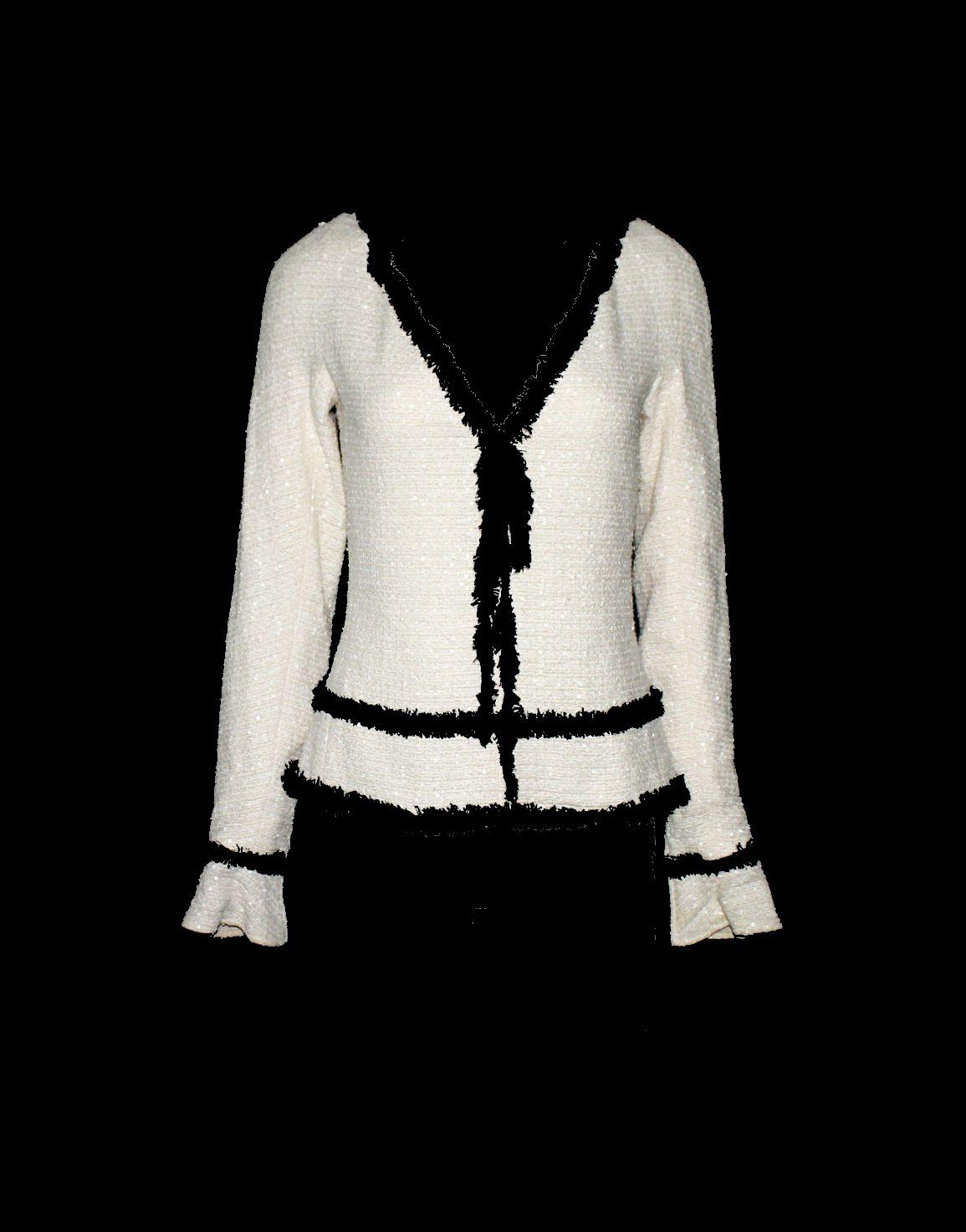 Chanel signature jacket
Classic Chanel monochrome signature style that never goes out of style
Stunning offwhite tweed produced by Maison Lesage exclusively for Chanel
Black fringed tweed trimming
Bow-tie detail in front
Shiny small sequins all