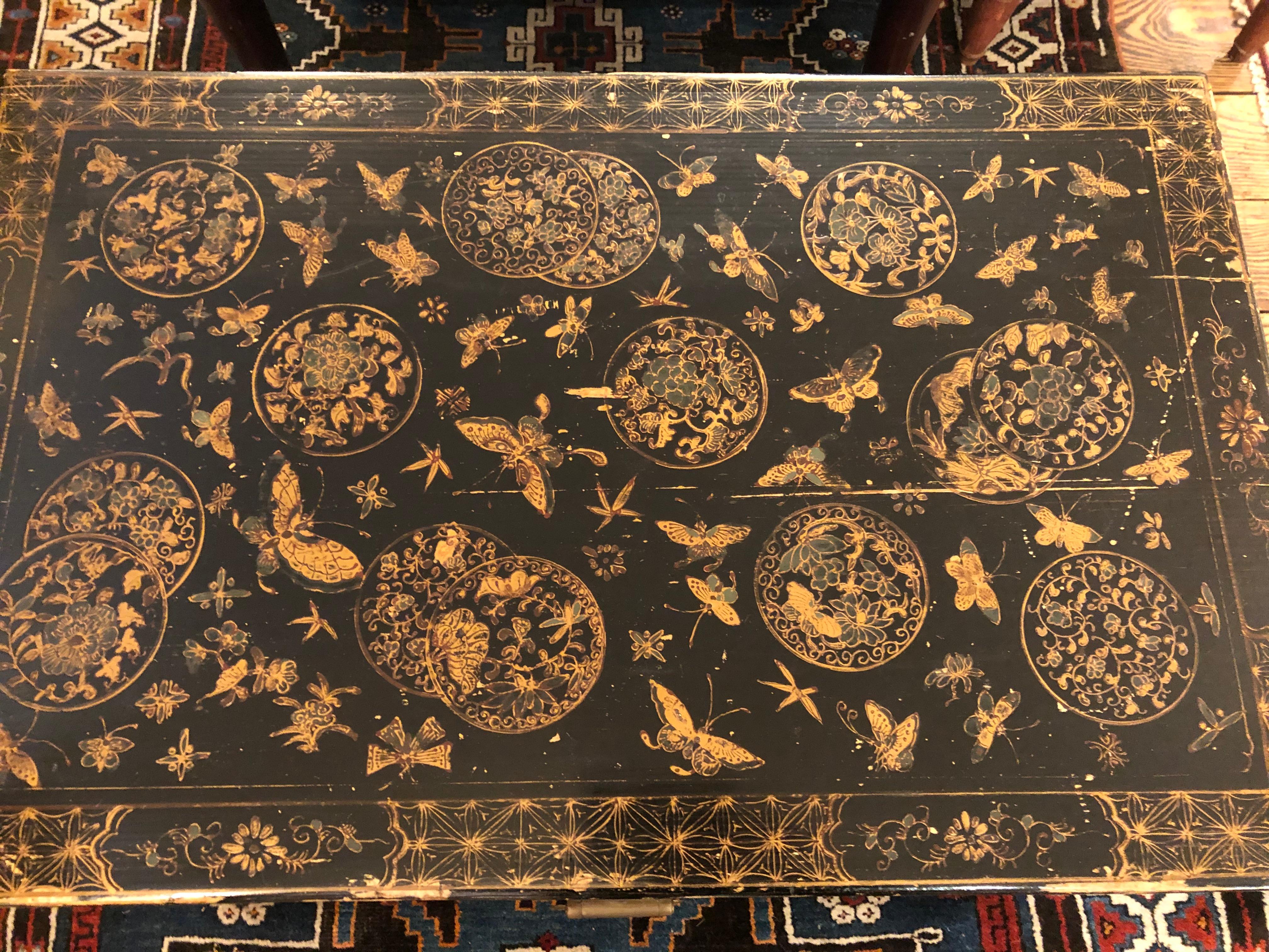 Wood Stunning Chinese Black & Gold Lacquer Chest on Stand Coffee Table