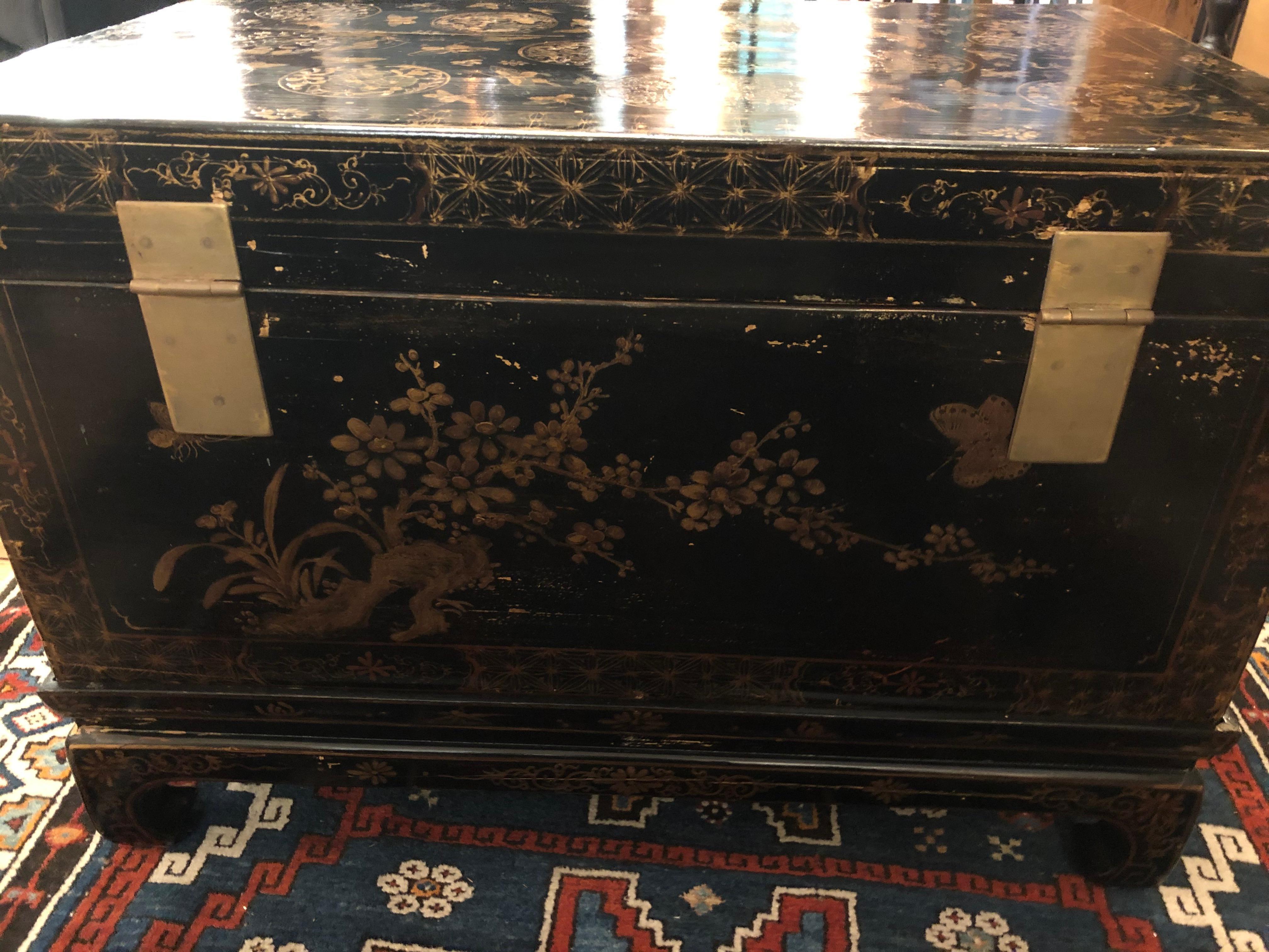 Stunning Chinese Black & Gold Lacquer Chest on Stand Coffee Table 1