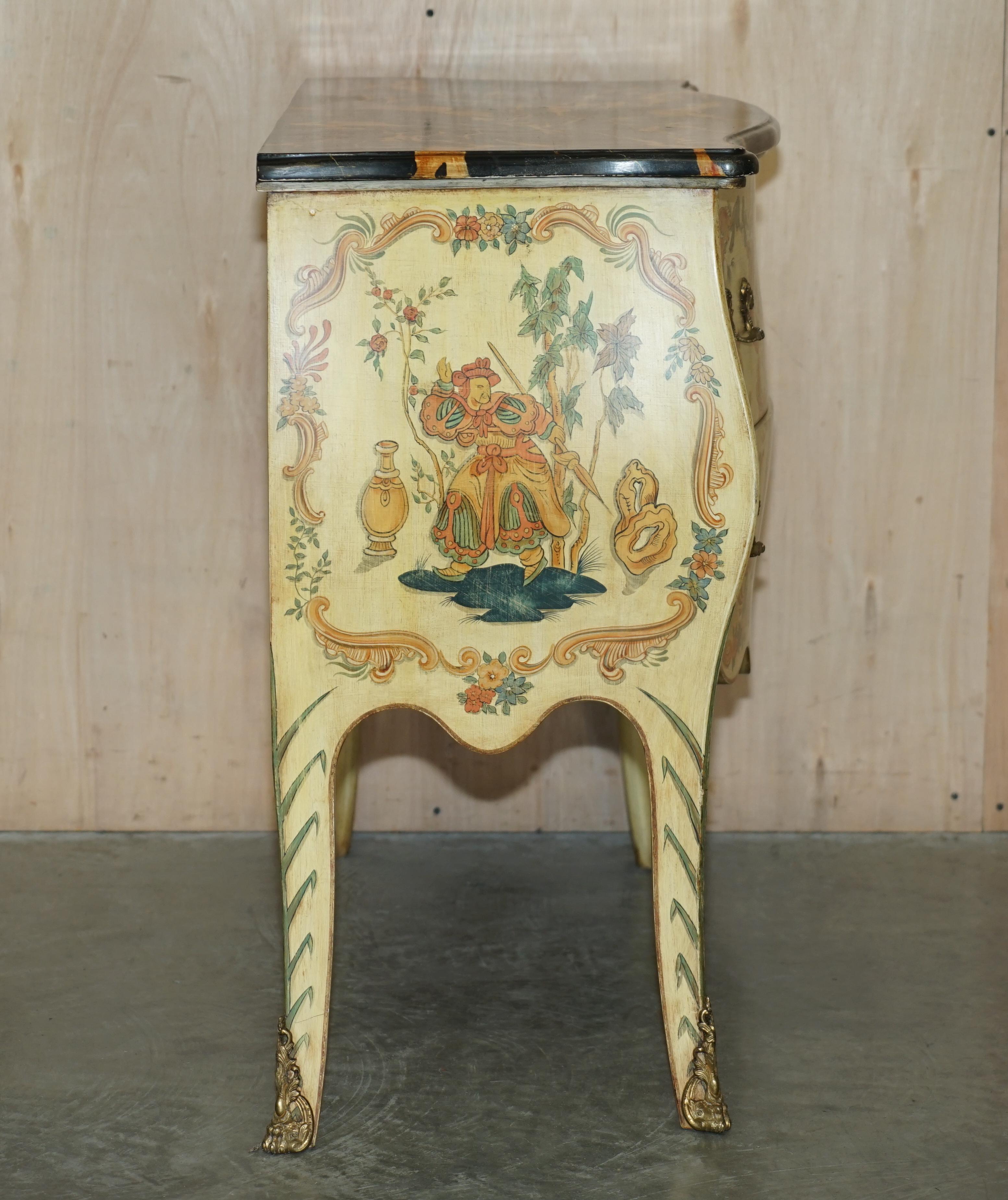 Stunning Chinese Chinoiserie Hand Painted Commode Chest of Drawers Marbled Top For Sale 10