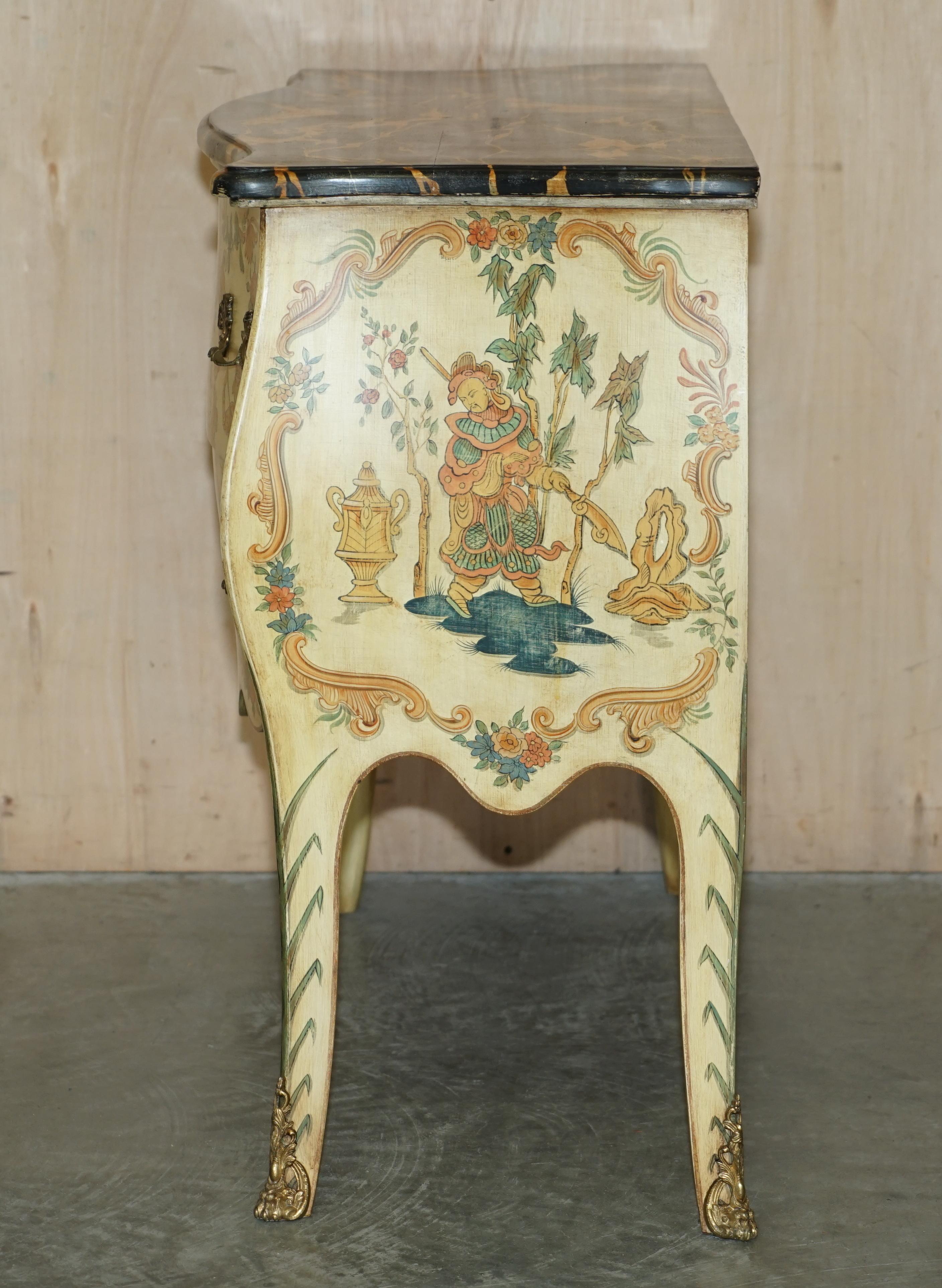 Stunning Chinese Chinoiserie Hand Painted Commode Chest of Drawers Marbled Top For Sale 13