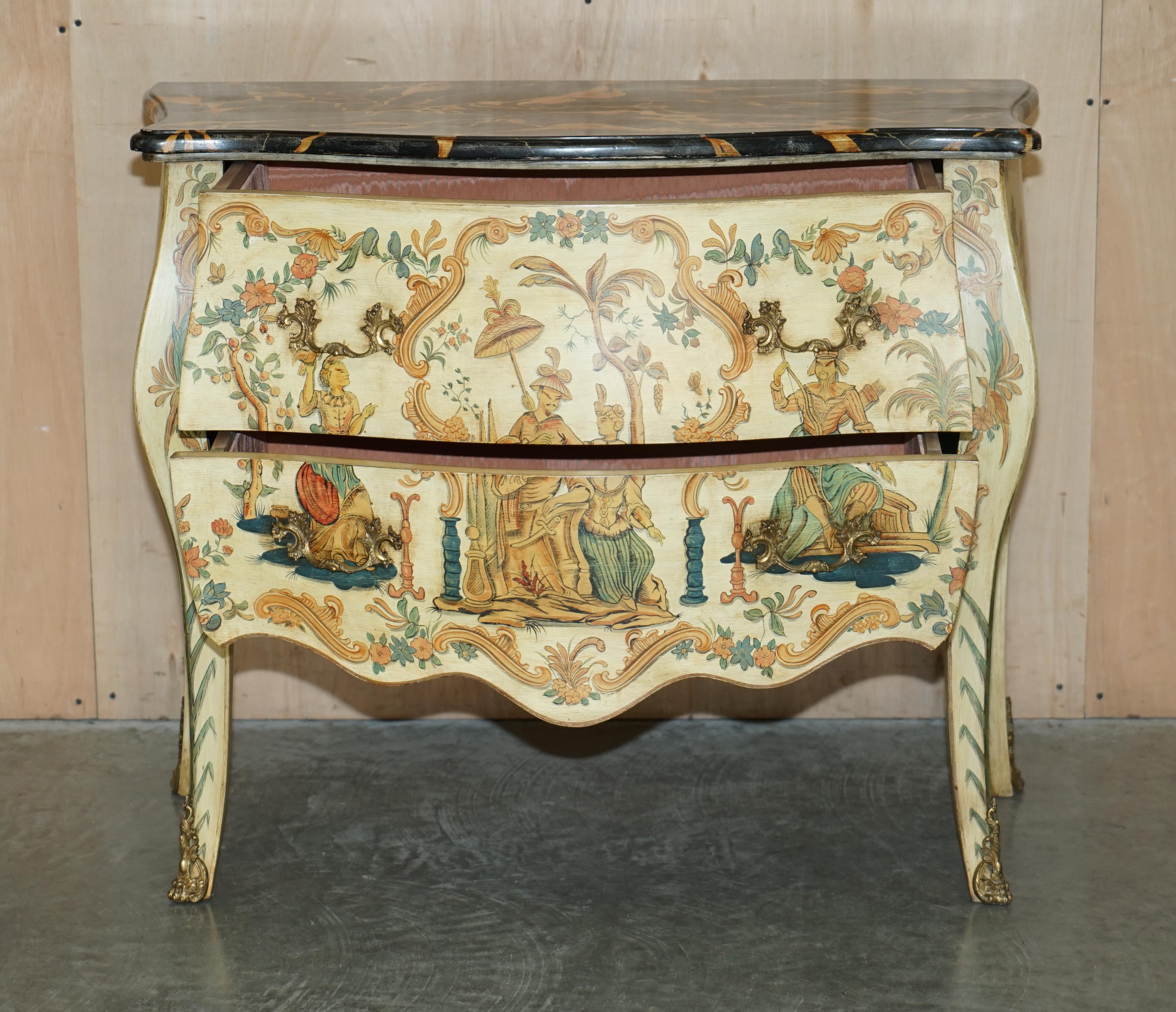 Stunning Chinese Chinoiserie Hand Painted Commode Chest of Drawers Marbled Top For Sale 15