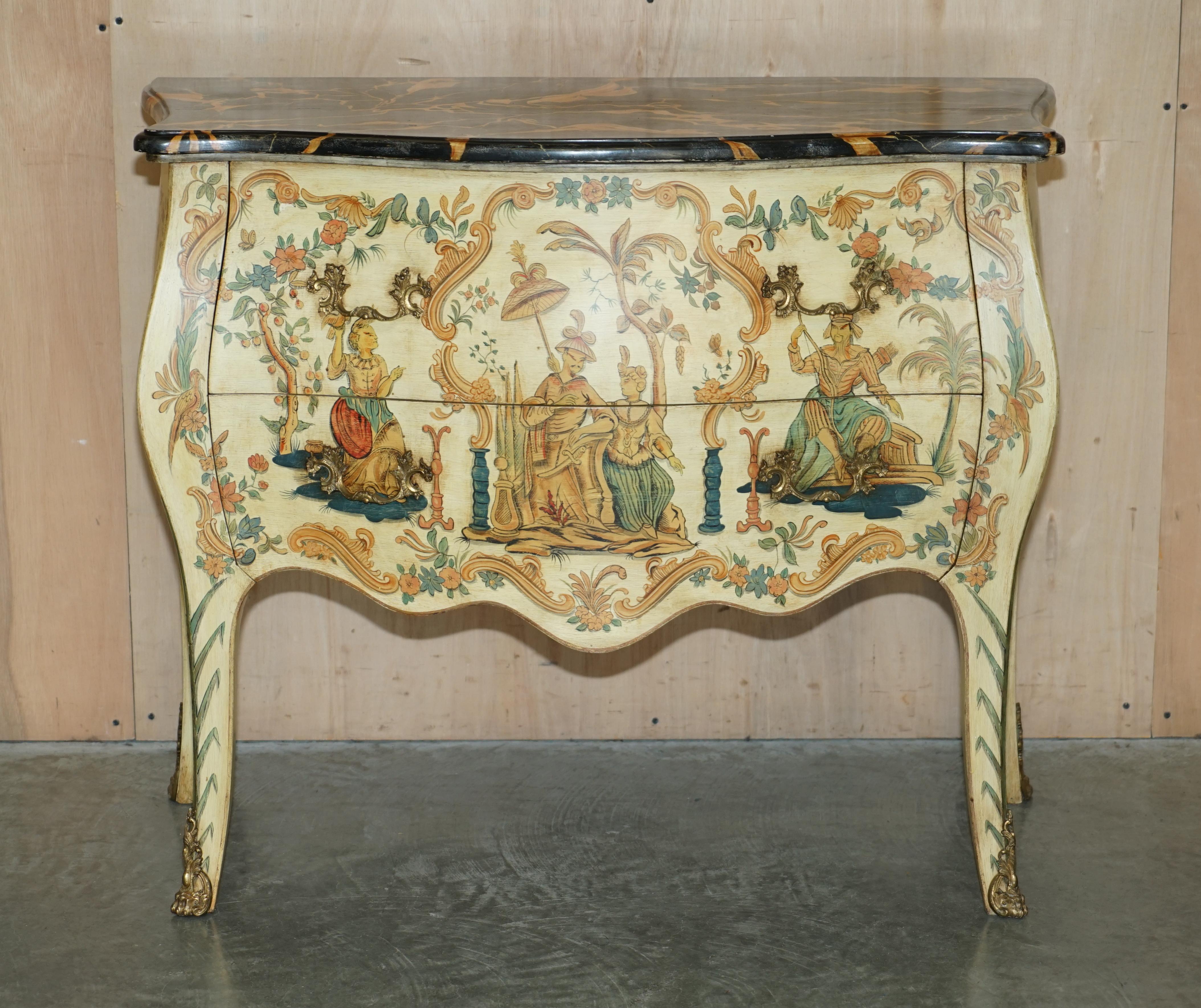 We are delighted to offer for sale this stunning hand painted marbled painted topped Chinoiserie Chinese Chippendale taste bombe commode 

Please note the delivery fee listed is just a guide, it covers within the M25 only for the UK and local