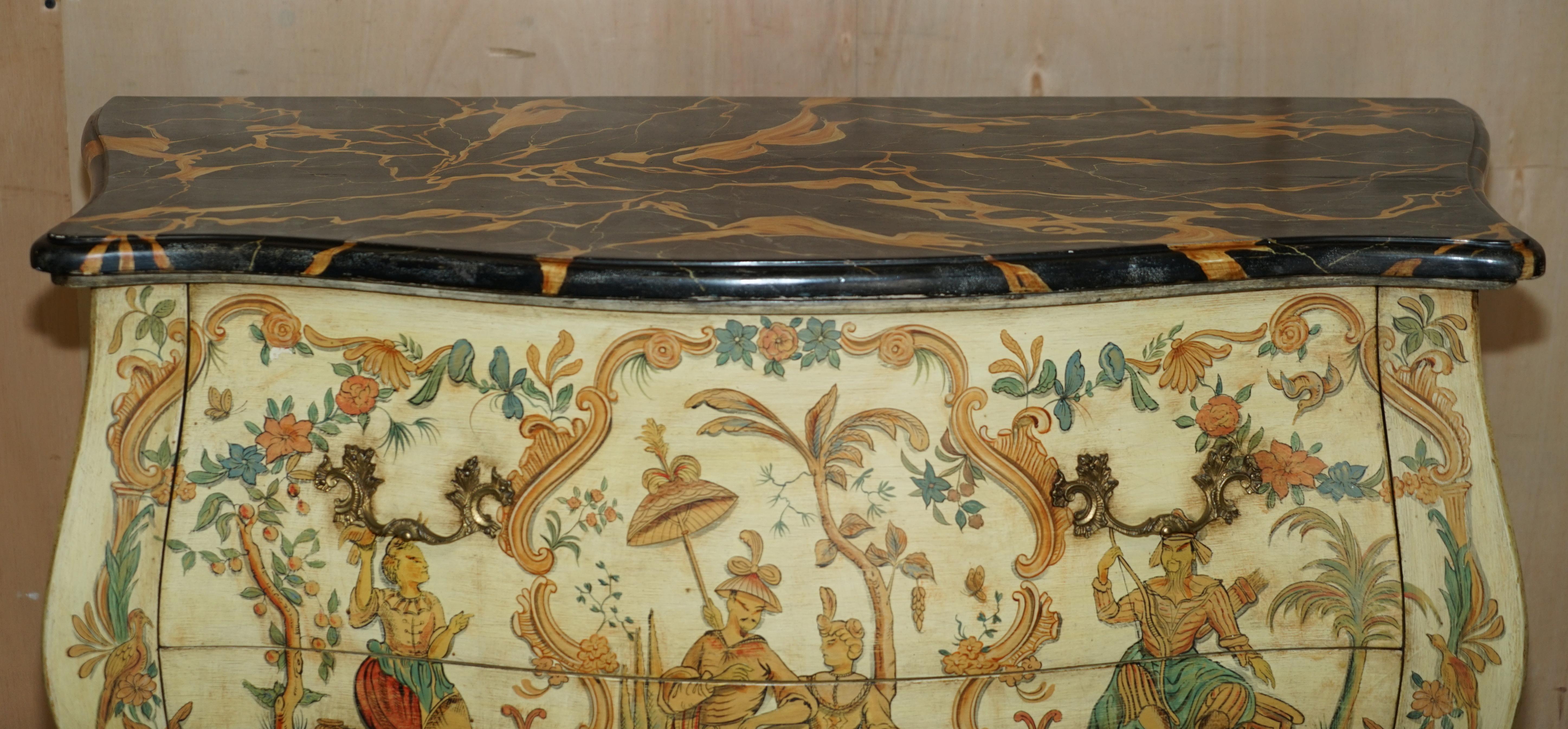 20th Century Stunning Chinese Chinoiserie Hand Painted Commode Chest of Drawers Marbled Top For Sale