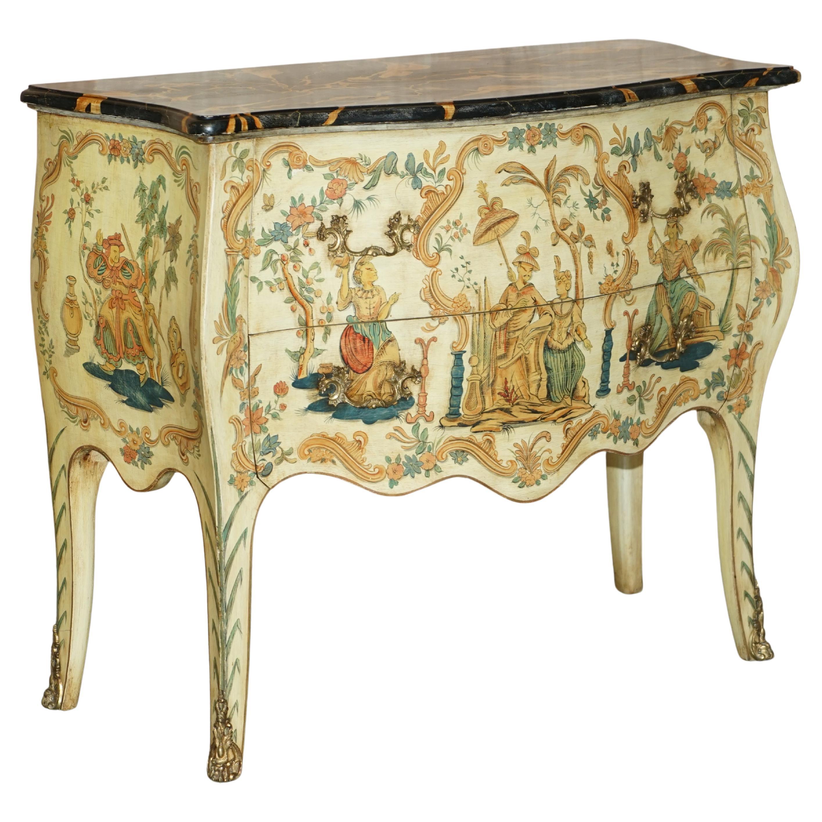 Stunning Chinese Chinoiserie Hand Painted Commode Chest of Drawers Marbled Top For Sale