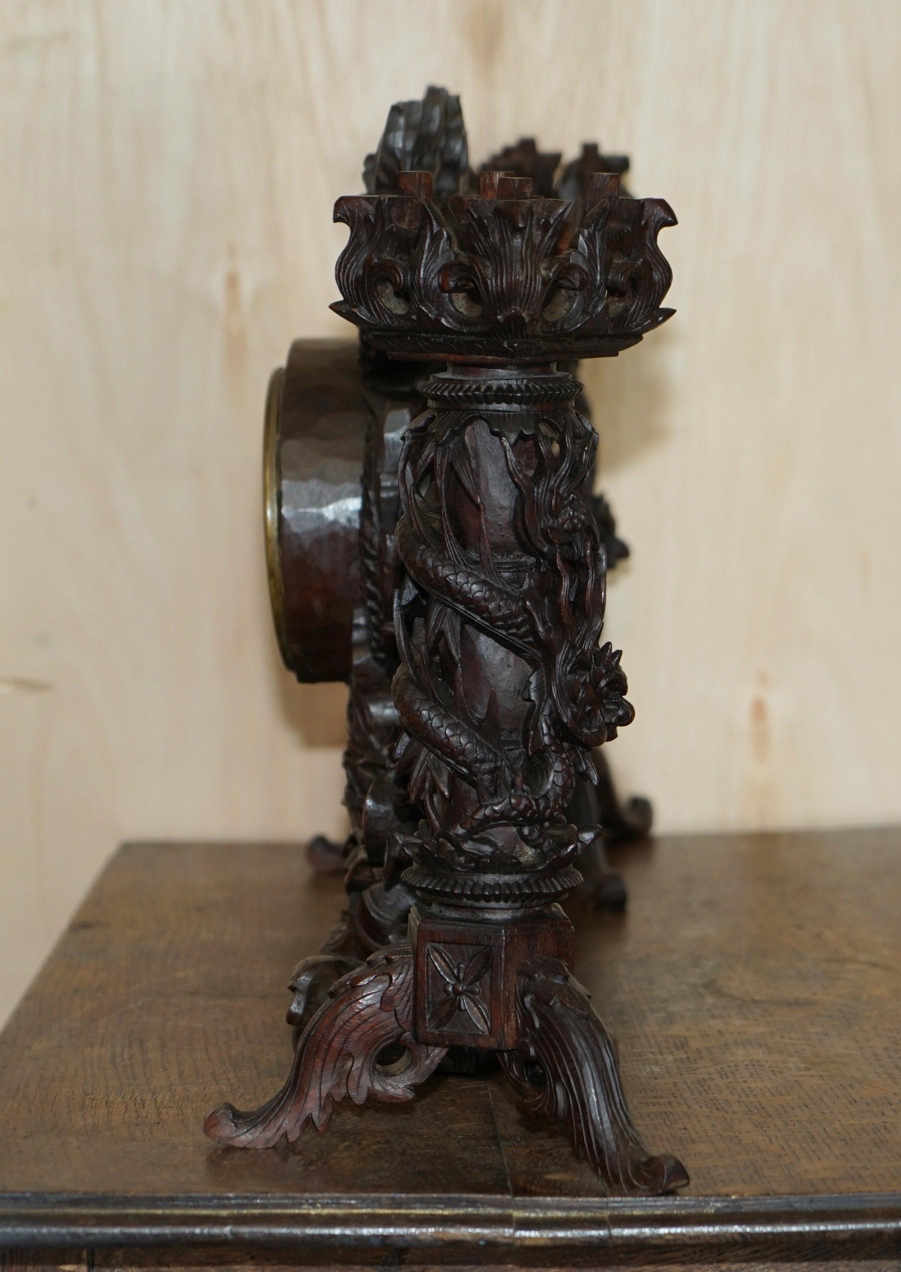 STUNNING CHINESE EXPORT HAND CARVED WOOD DRAGON MANTLE CLOCK & CANDLESTiCKS For Sale 9