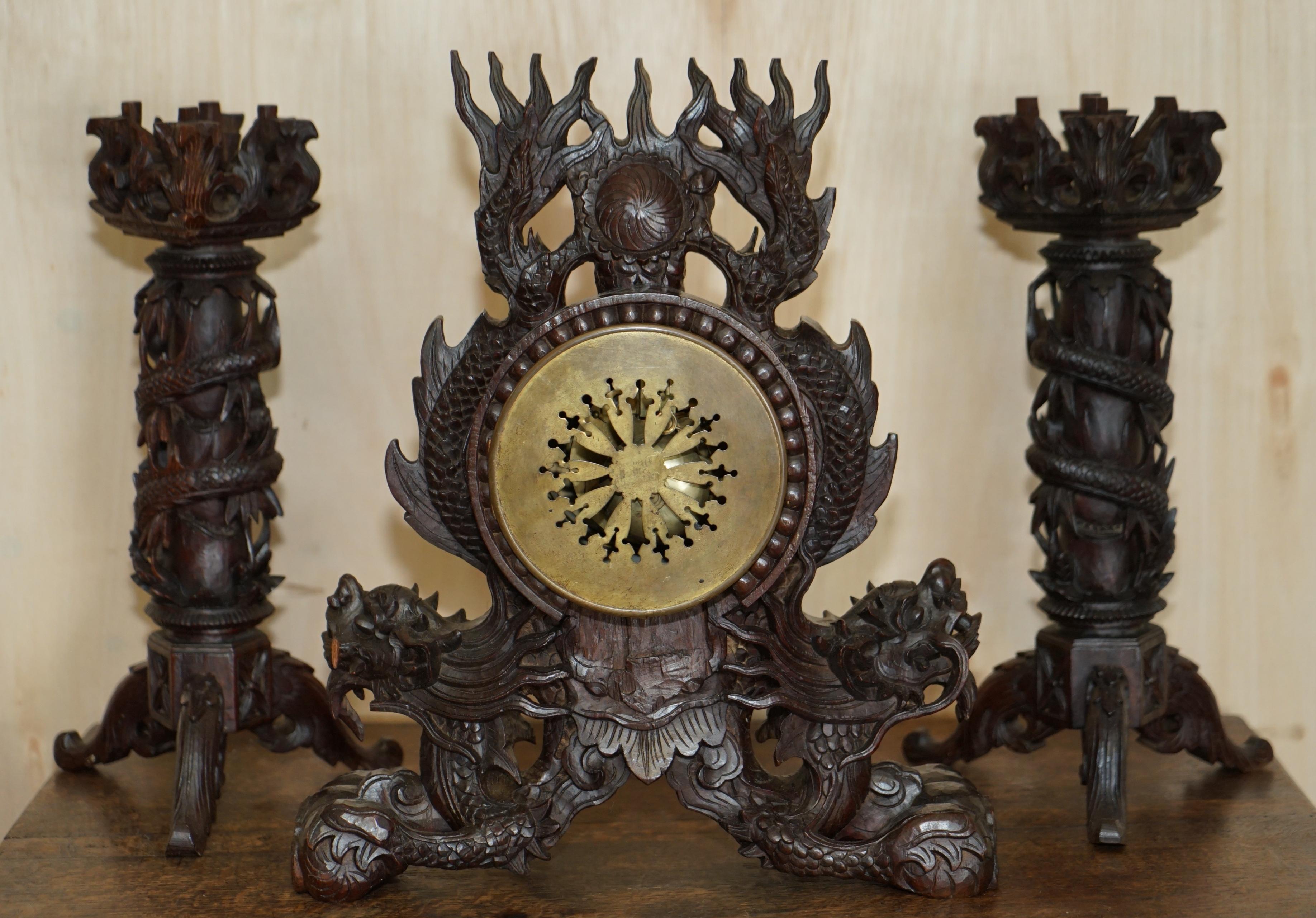 STUNNING CHINESE EXPORT HAND CARVED WOOD DRAGON MANTLE CLOCK & CANDLESTiCKS For Sale 12