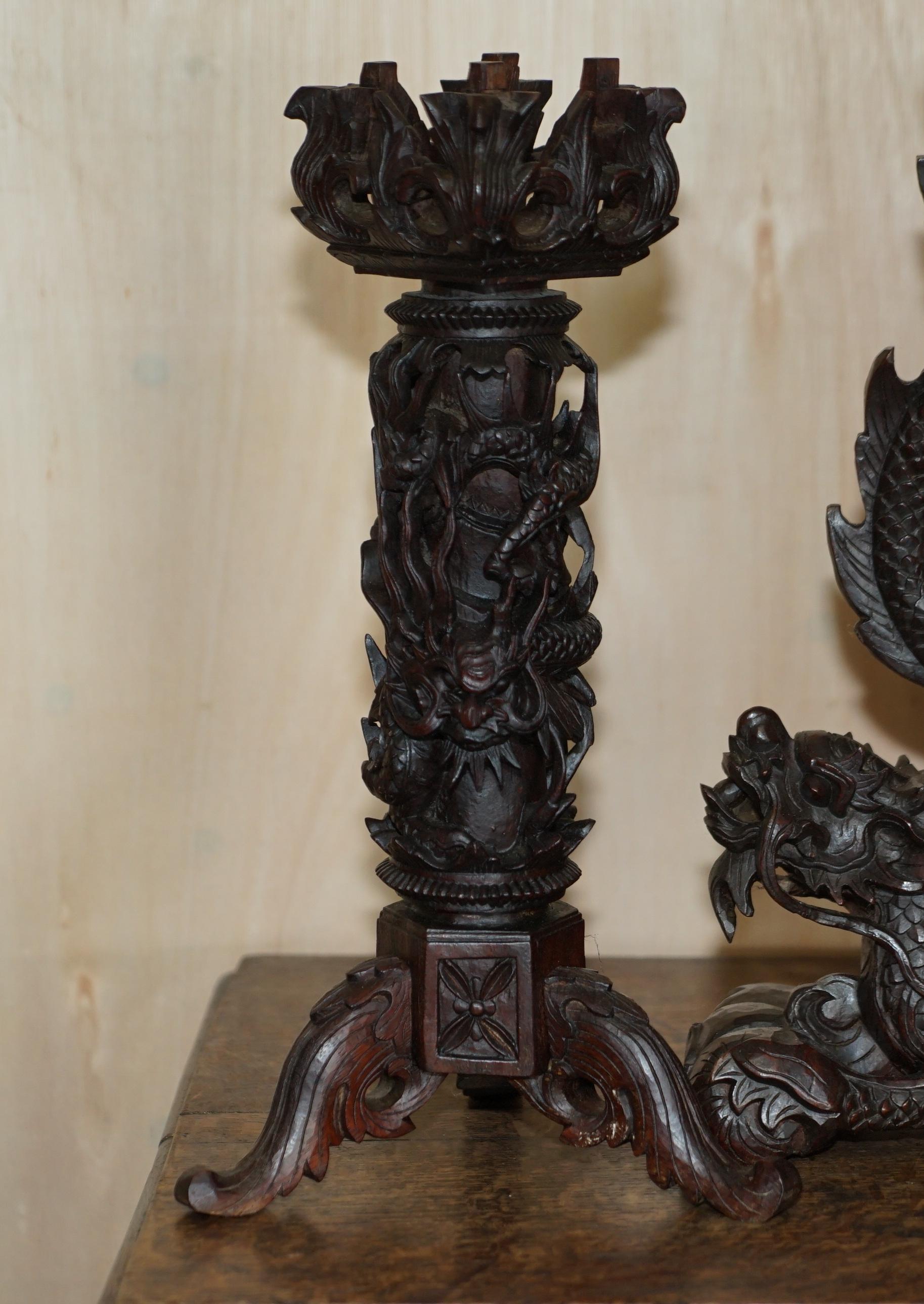 Chinese Export STUNNING CHINESE EXPORT HAND CARVED WOOD DRAGON MANTLE CLOCK & CANDLESTiCKS For Sale