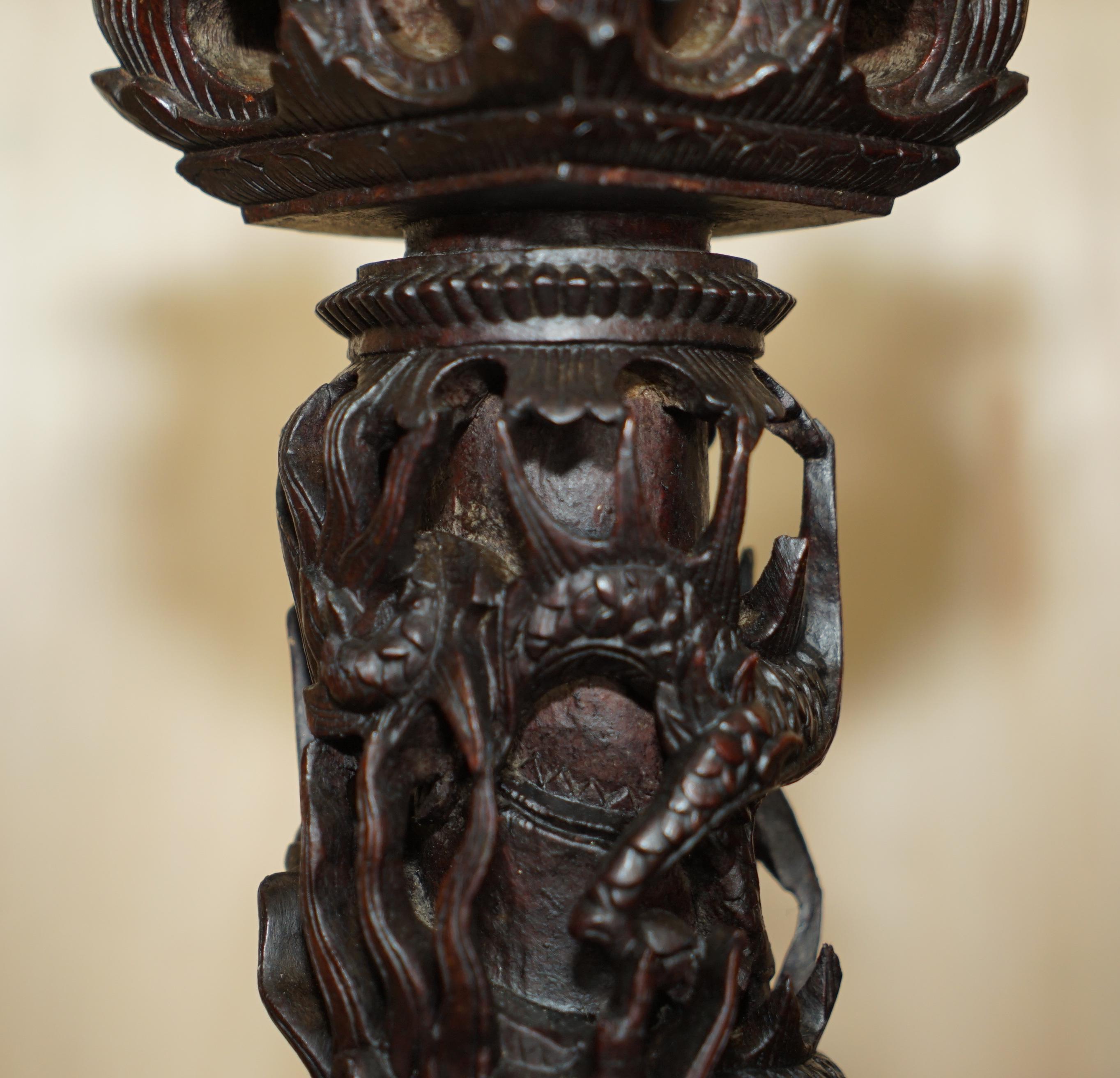 Hand-Carved STUNNING CHINESE EXPORT HAND CARVED WOOD DRAGON MANTLE CLOCK & CANDLESTiCKS For Sale