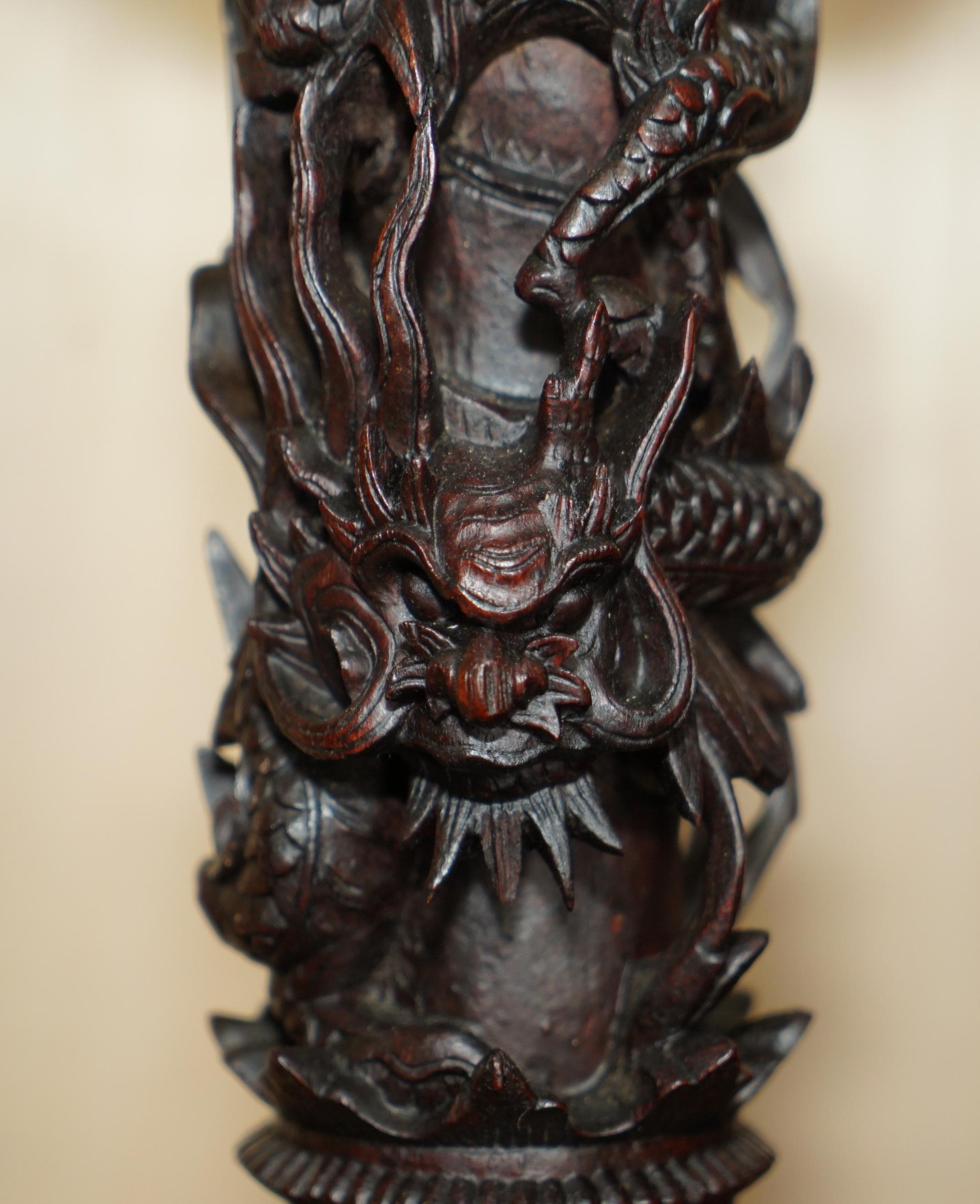19th Century STUNNING CHINESE EXPORT HAND CARVED WOOD DRAGON MANTLE CLOCK & CANDLESTiCKS For Sale