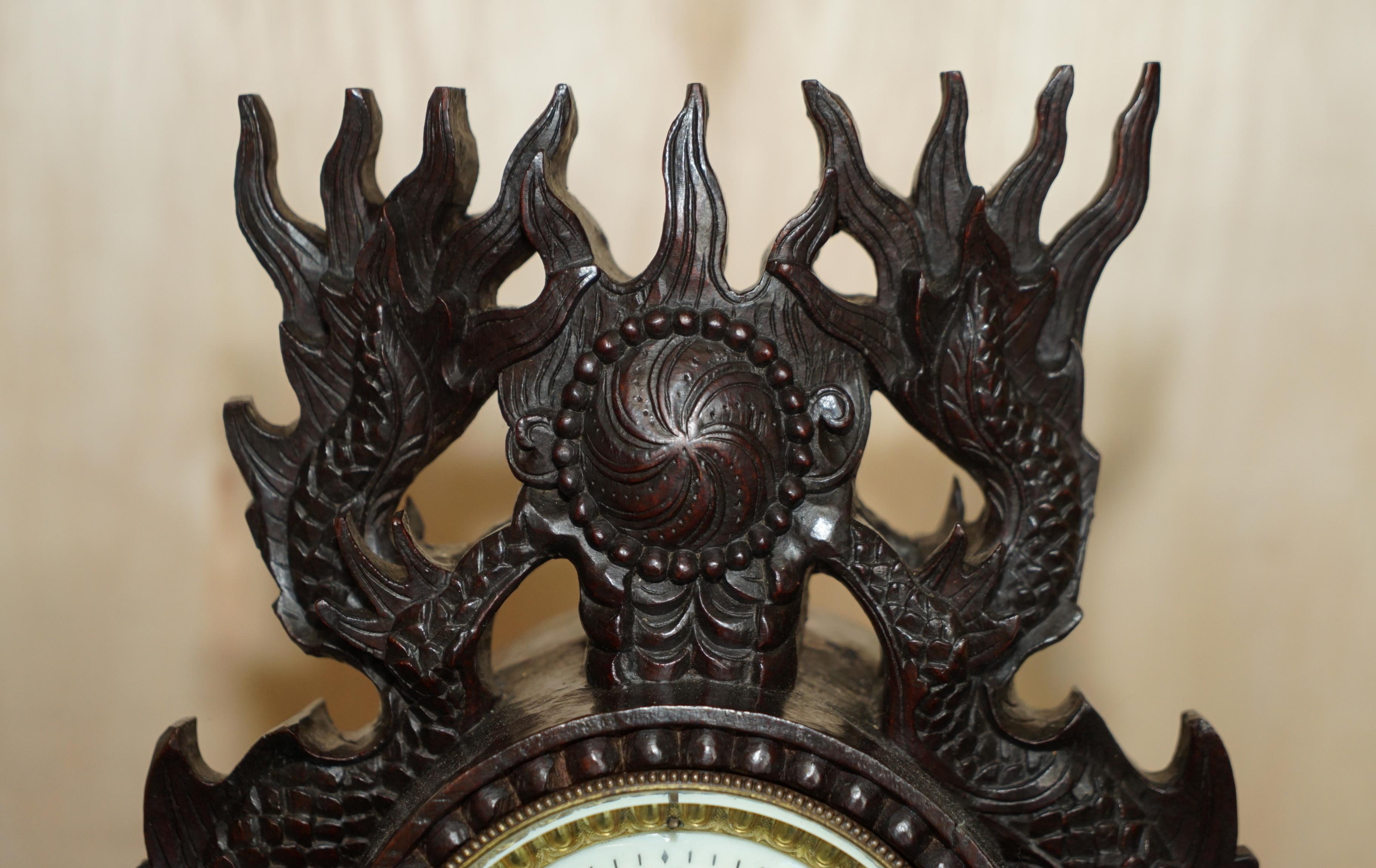 STUNNING CHINESE EXPORT HAND CARVED WOOD DRAGON MANTLE CLOCK & CANDLESTiCKS For Sale 1