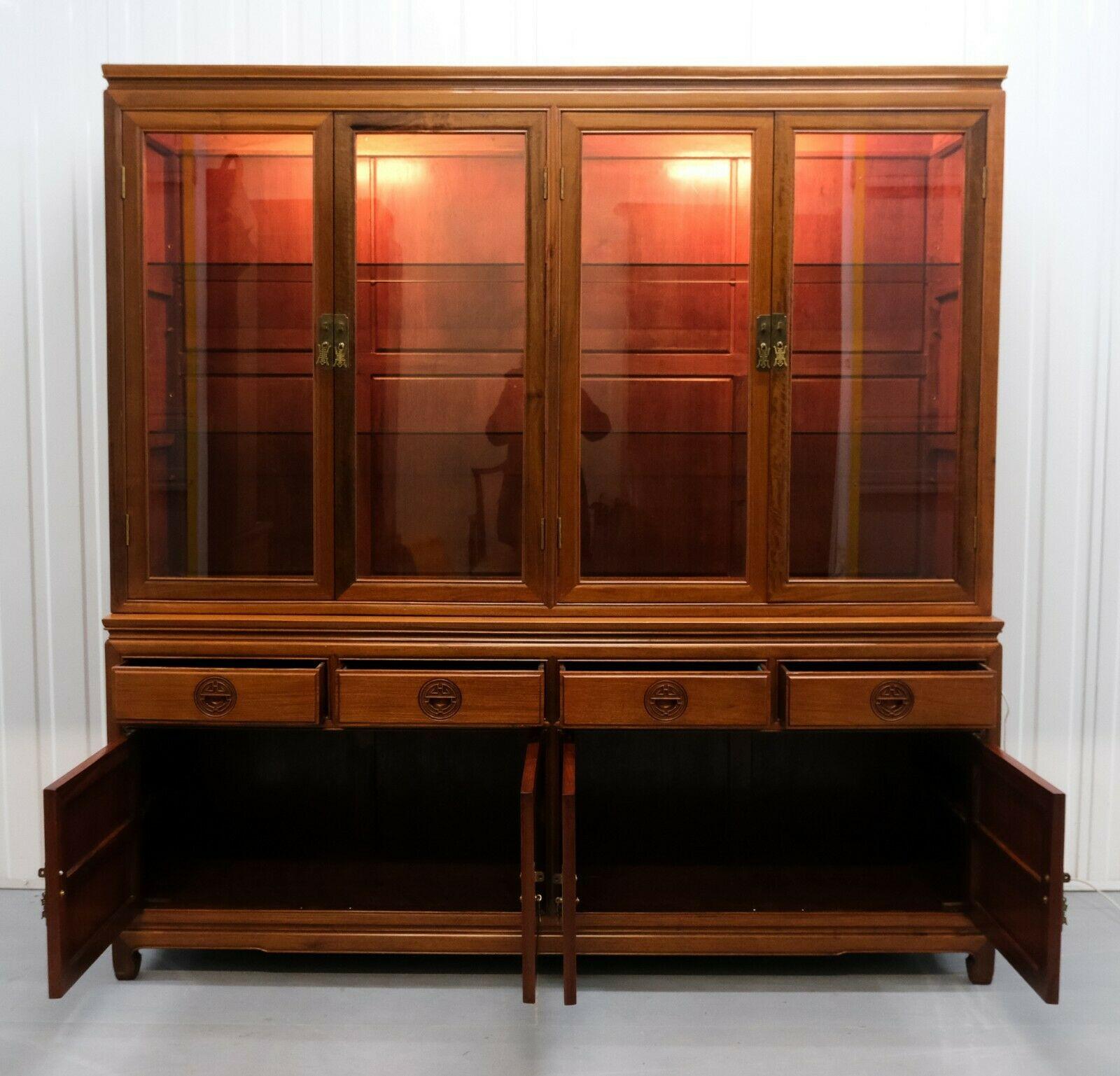Chinese Chippendale Stunning Chinese Hardwood Sideboard with Glass Shelves Carving Details & Lights