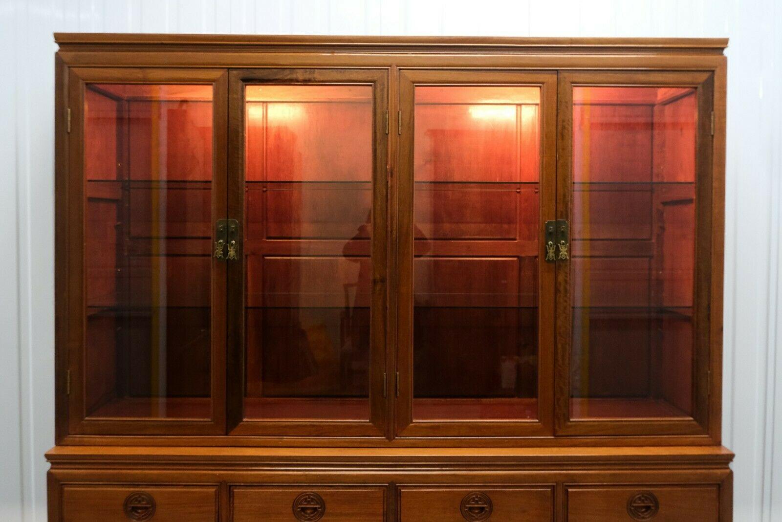 English Stunning Chinese Hardwood Sideboard with Glass Shelves Carving Details & Lights