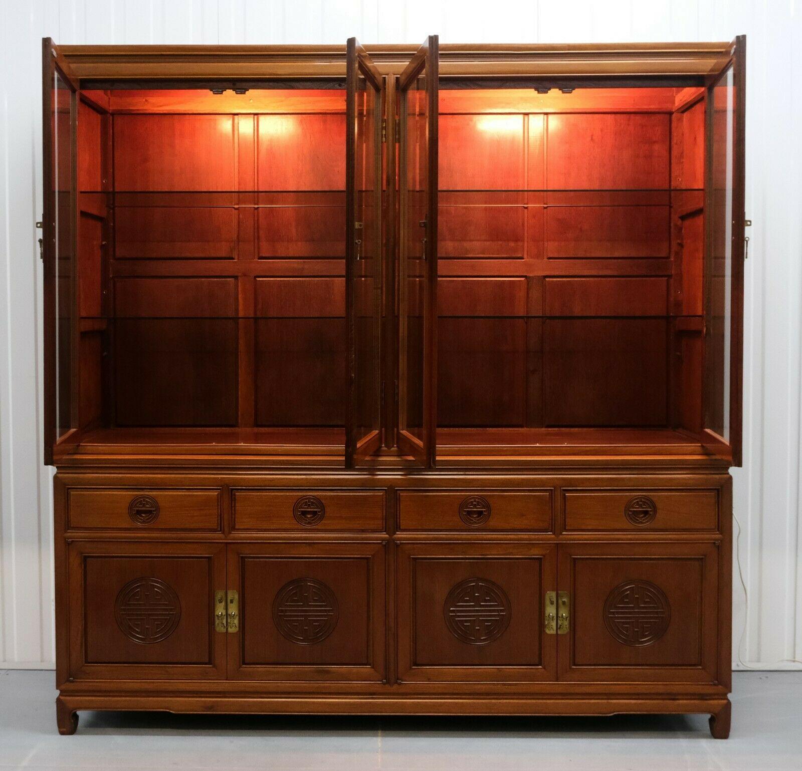 Hand-Crafted Stunning Chinese Hardwood Sideboard with Glass Shelves Carving Details & Lights