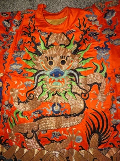 Stunning Chinese Silk Gold Thread Embroidered Dragon Kimono Robe Wall Hanging