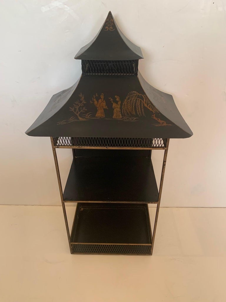Stunning Chinoiserie Black and Gold Pagoda Shaped Hanging Shelf Bracket