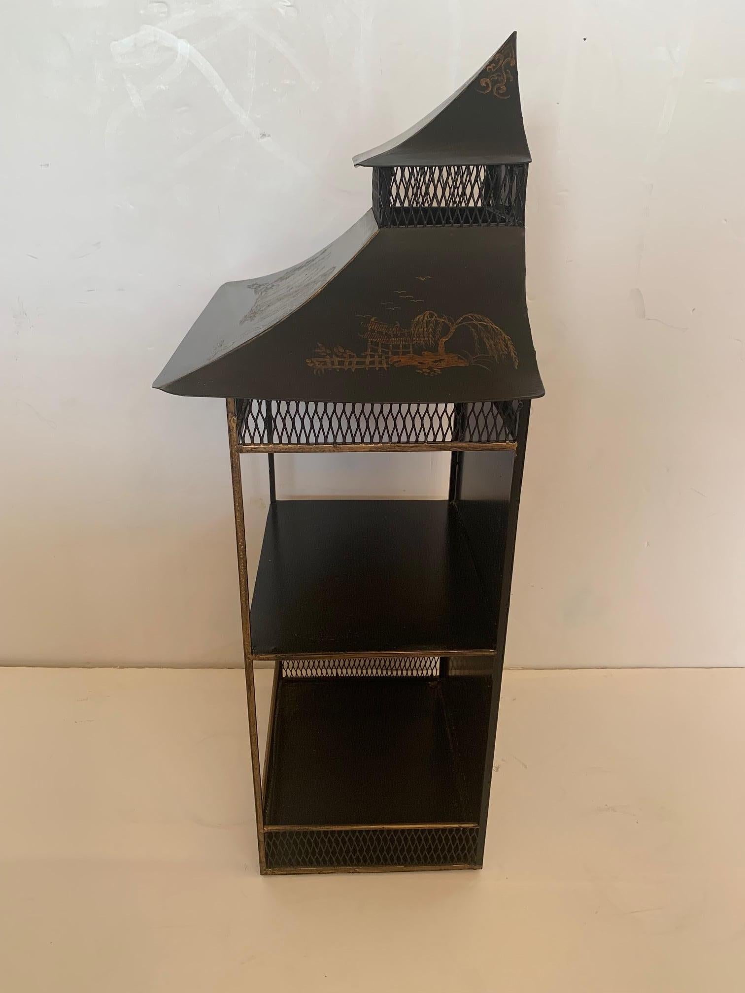 Stunning Chinoiserie Black and Gold Pagoda Shaped Hanging Shelf Bracket In Good Condition In Hopewell, NJ