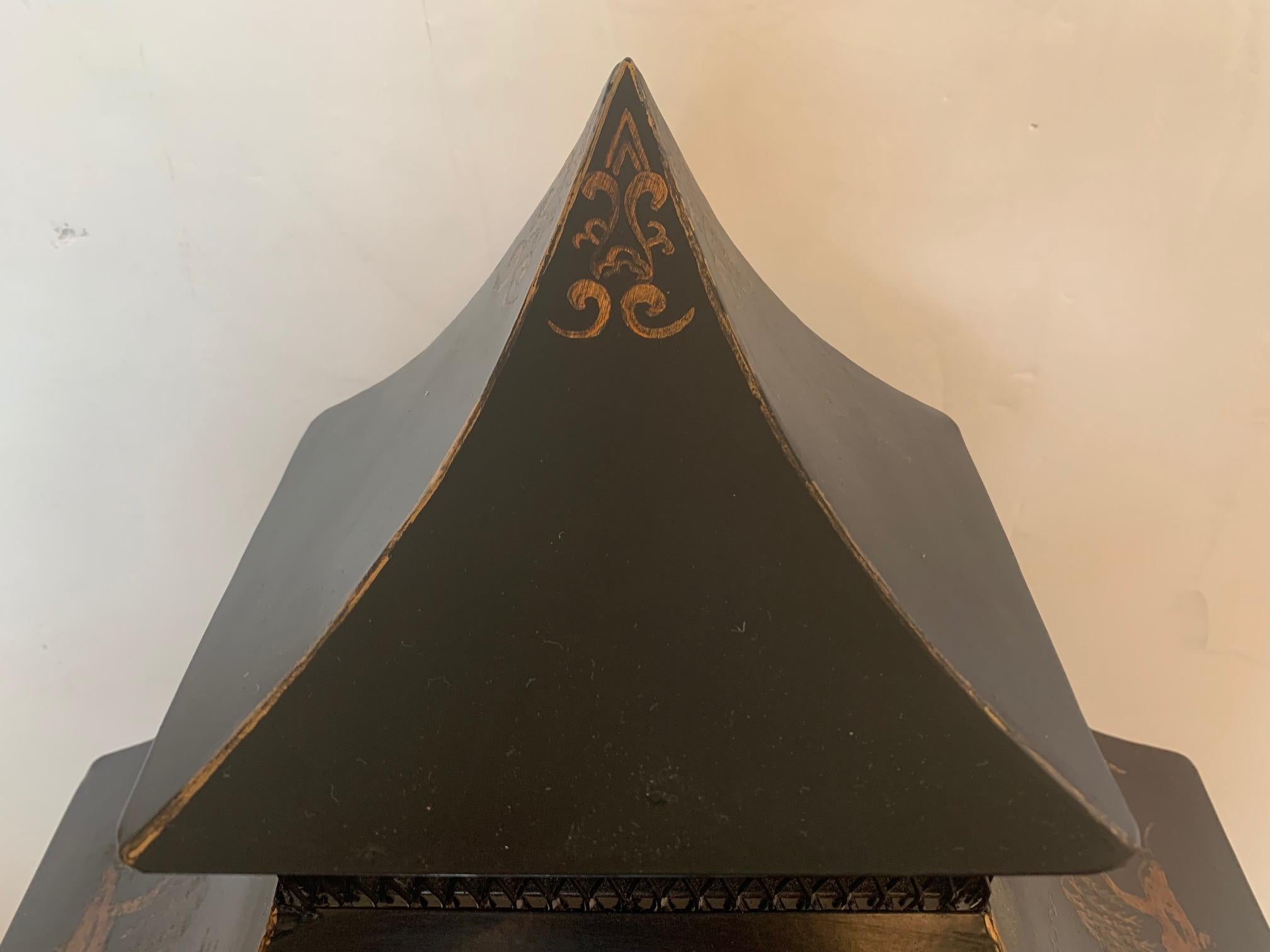 Iron Stunning Chinoiserie Black and Gold Pagoda Shaped Hanging Shelf Bracket