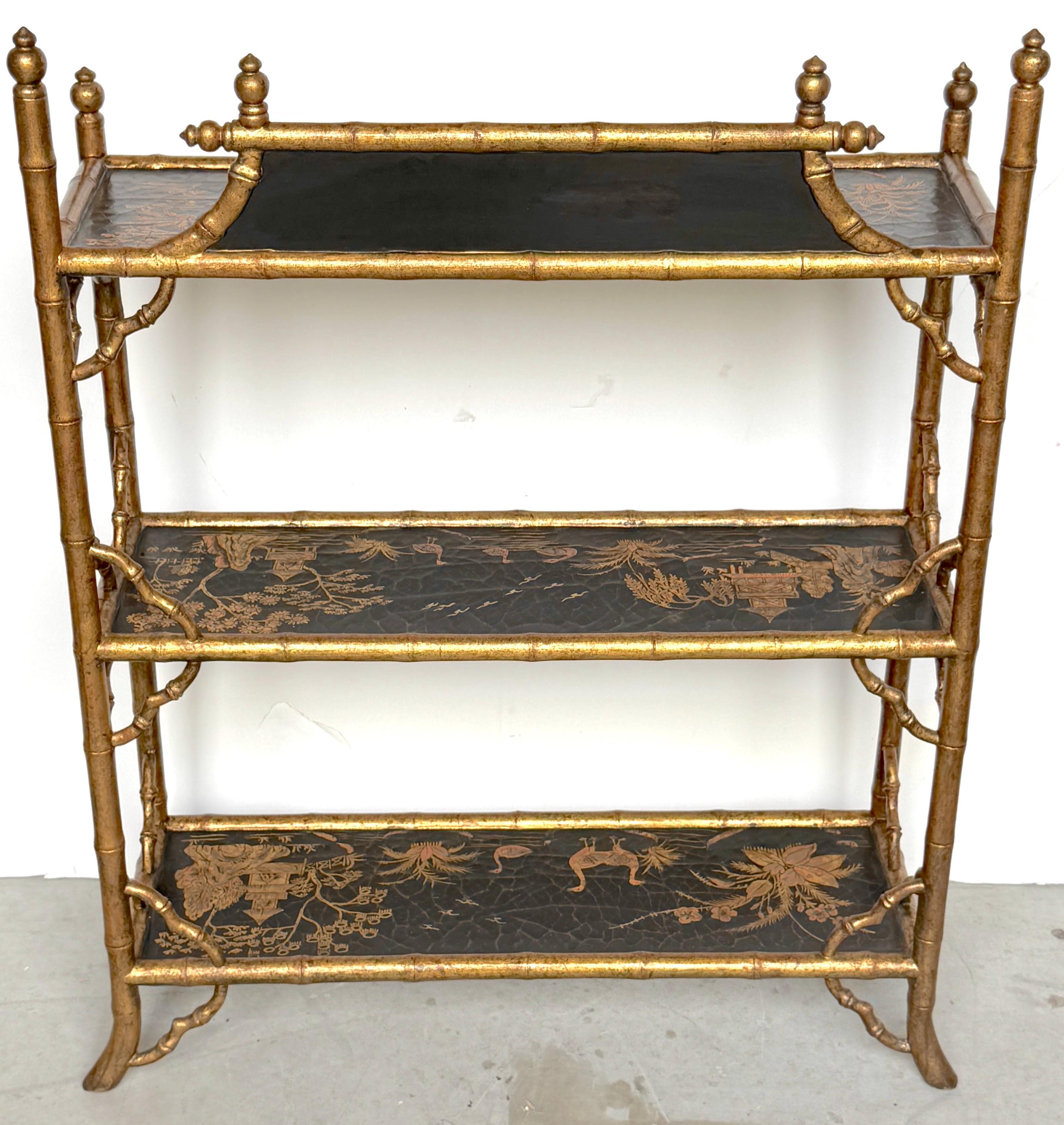 Stunning Chinoiserie Gilt Decorated Lacquered 3-Tier Bookcase/Wall Shelf 4