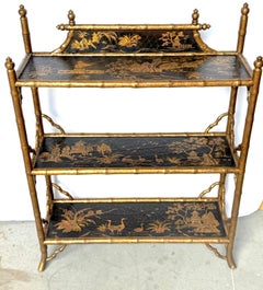 Stunning Chinoiserie Gilt Decorated Lacquered 3-Tier Bookcase/Wall Shelf