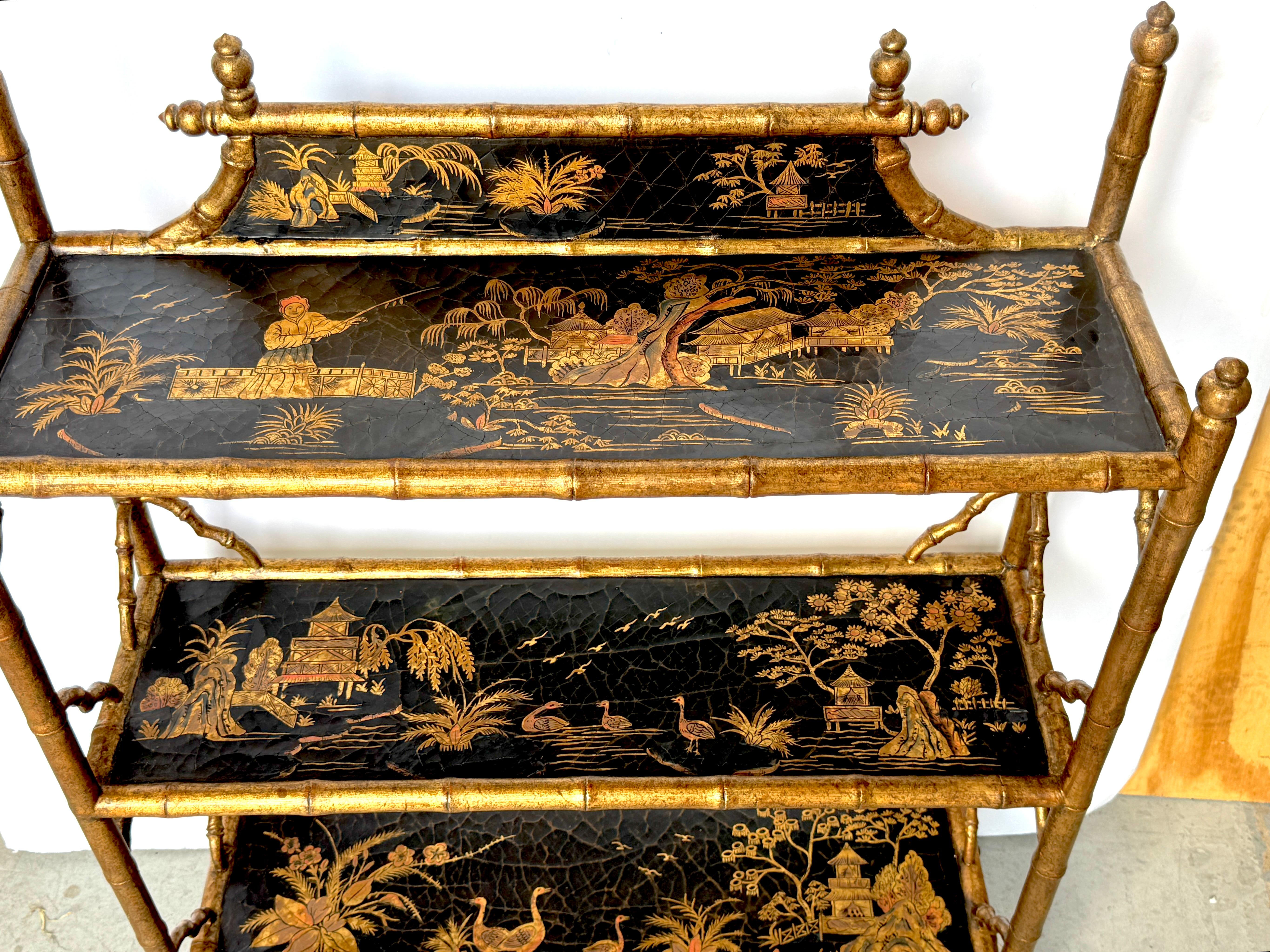 Italian Stunning Chinoiserie Gilt Decorated Lacquered 3-Tier Bookcase/Wall Shelf