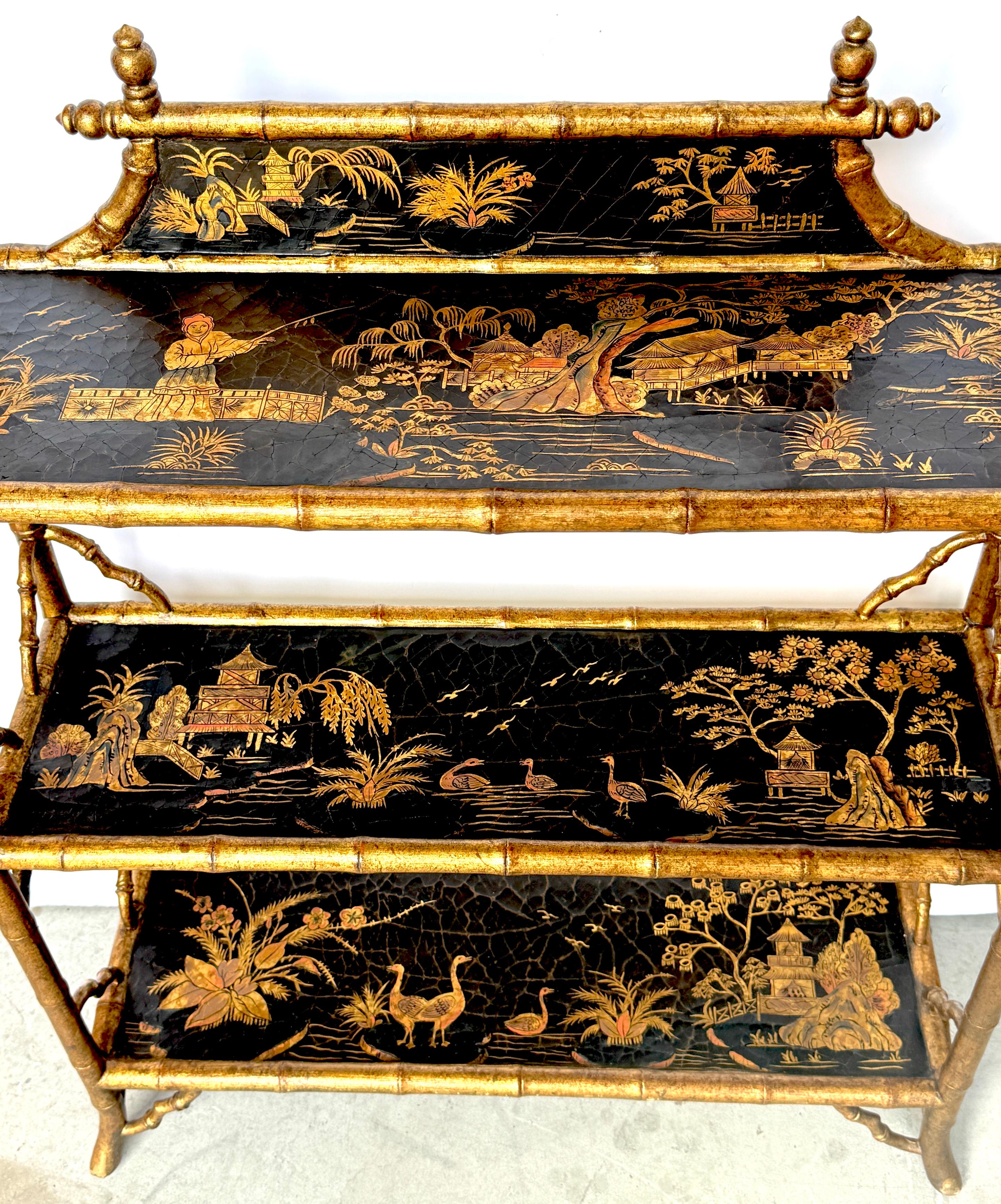 Hand-Painted Stunning Chinoiserie Gilt Decorated Lacquered 3-Tier Bookcase/Wall Shelf