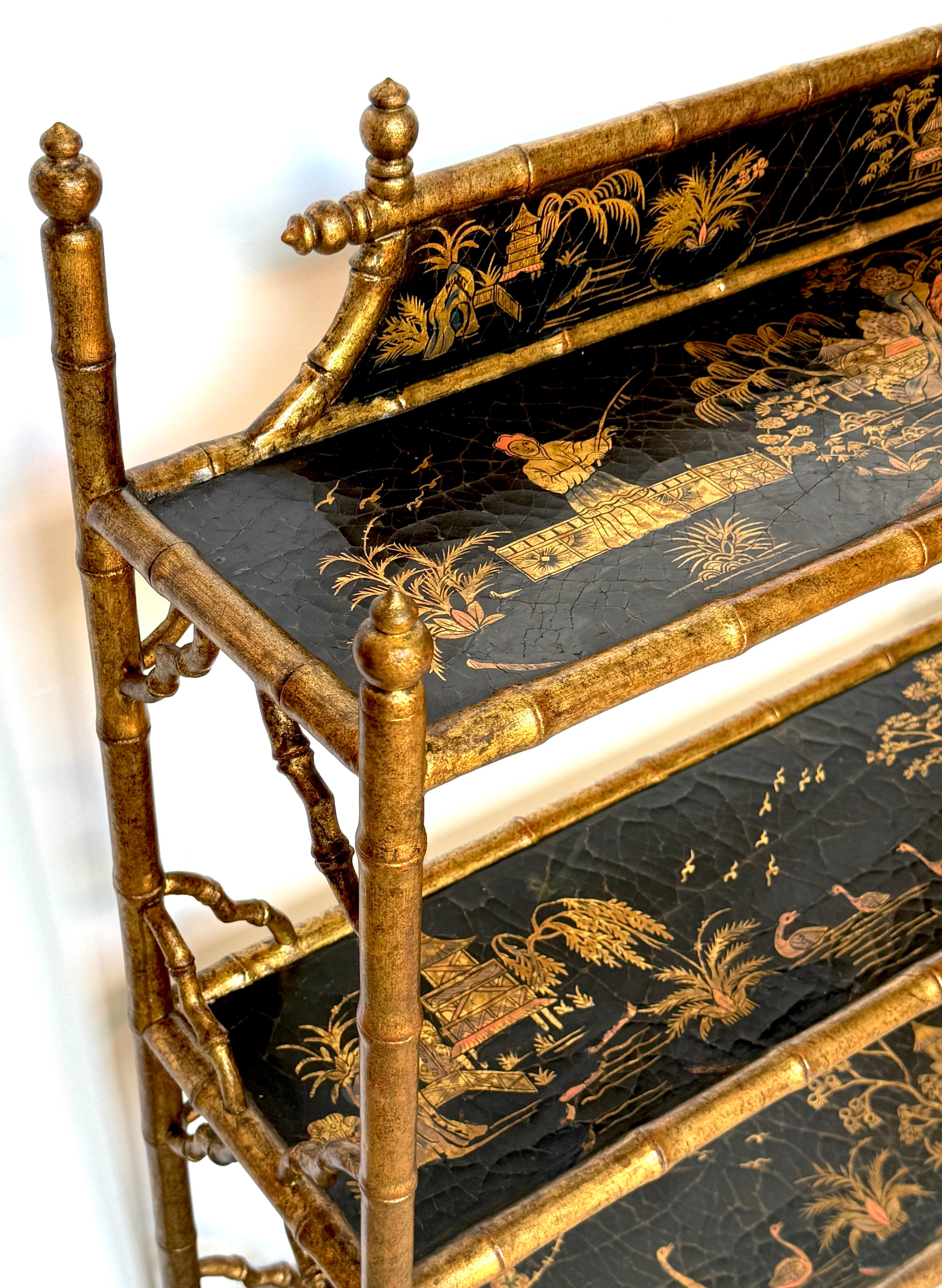 Stunning Chinoiserie Gilt Decorated Lacquered 3-Tier Bookcase/Wall Shelf In Good Condition In West Palm Beach, FL