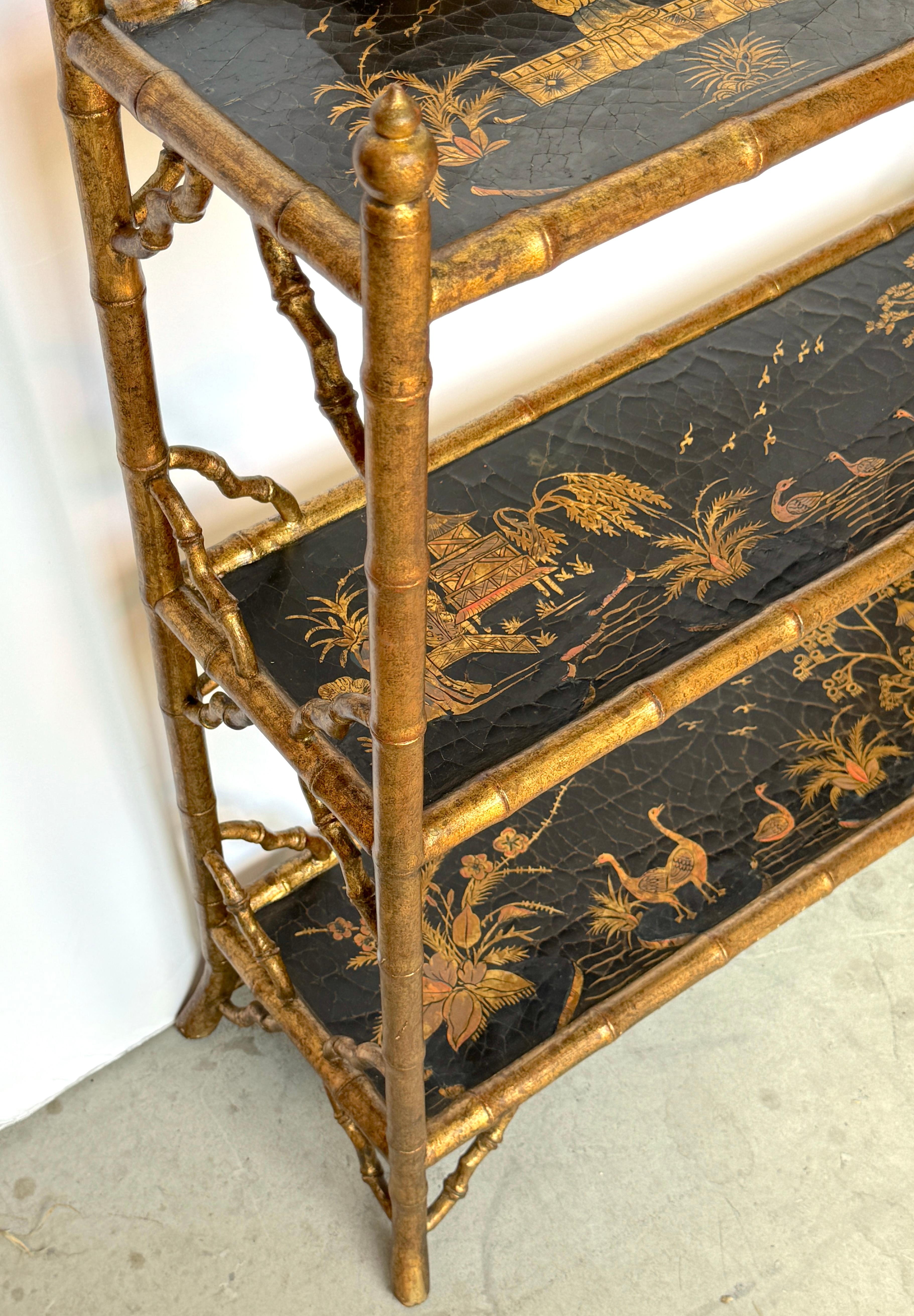 20th Century Stunning Chinoiserie Gilt Decorated Lacquered 3-Tier Bookcase/Wall Shelf