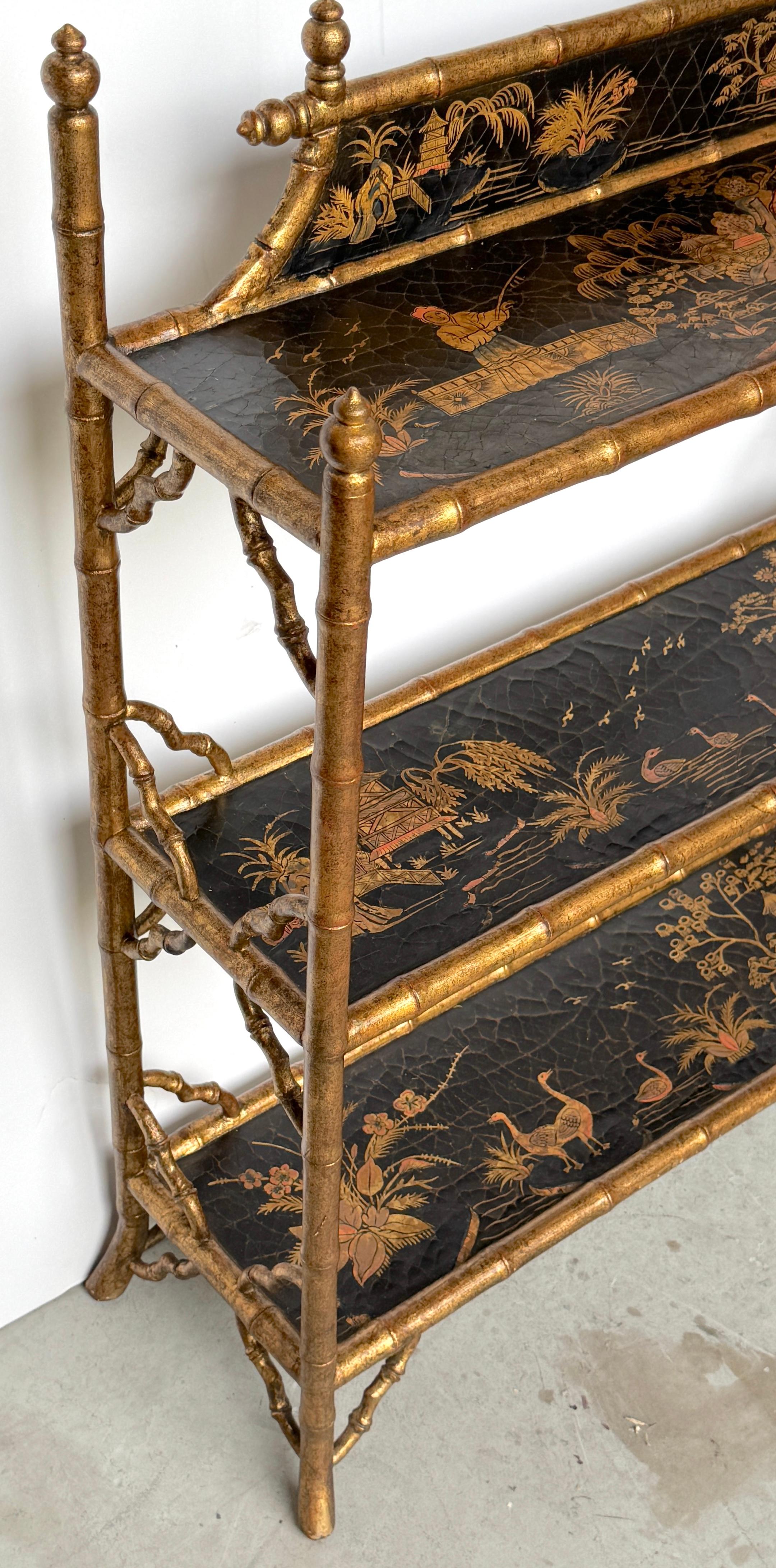Giltwood Stunning Chinoiserie Gilt Decorated Lacquered 3-Tier Bookcase/Wall Shelf