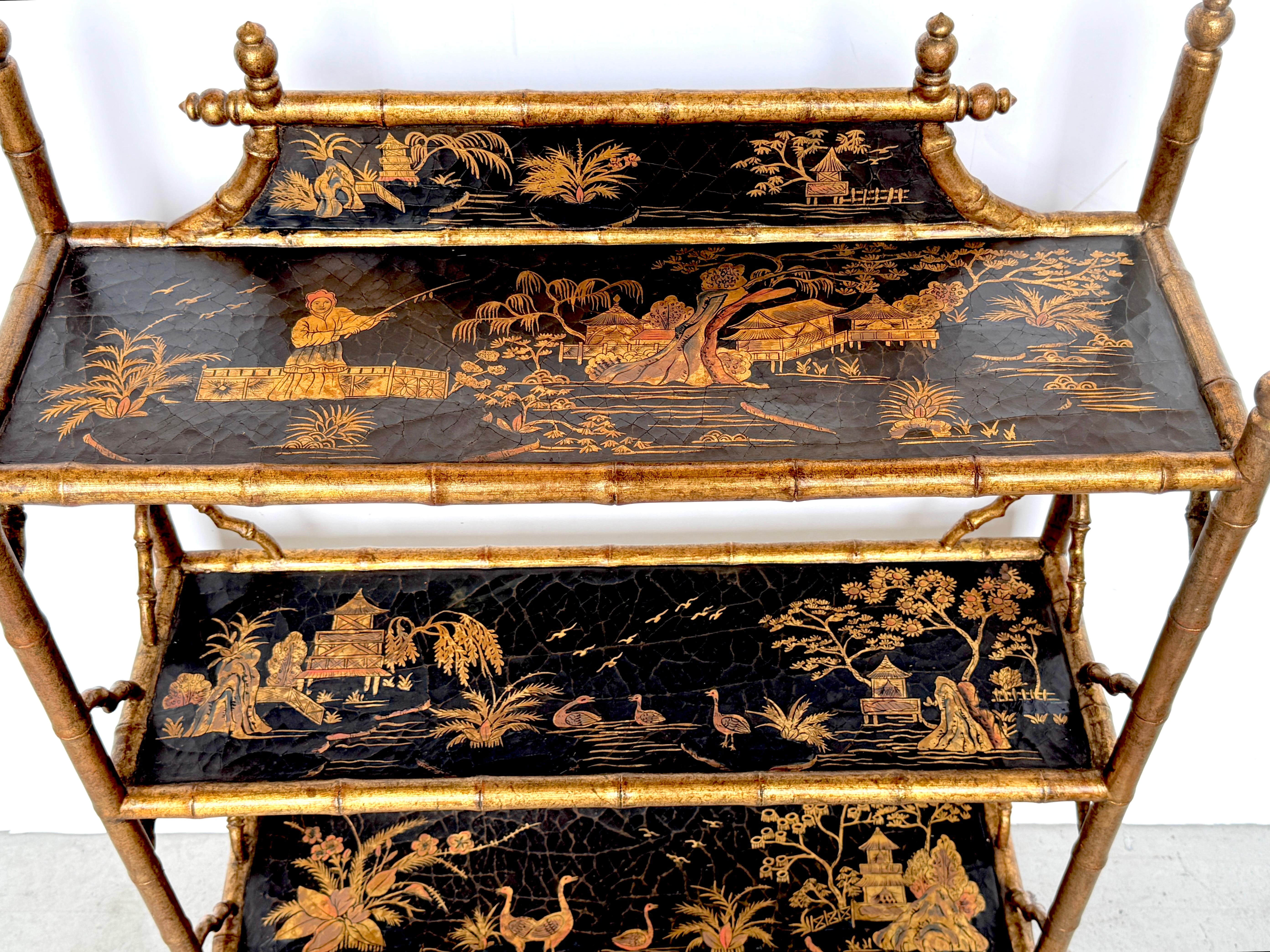 Stunning Chinoiserie Gilt Decorated Lacquered 3-Tier Bookcase/Wall Shelf 1