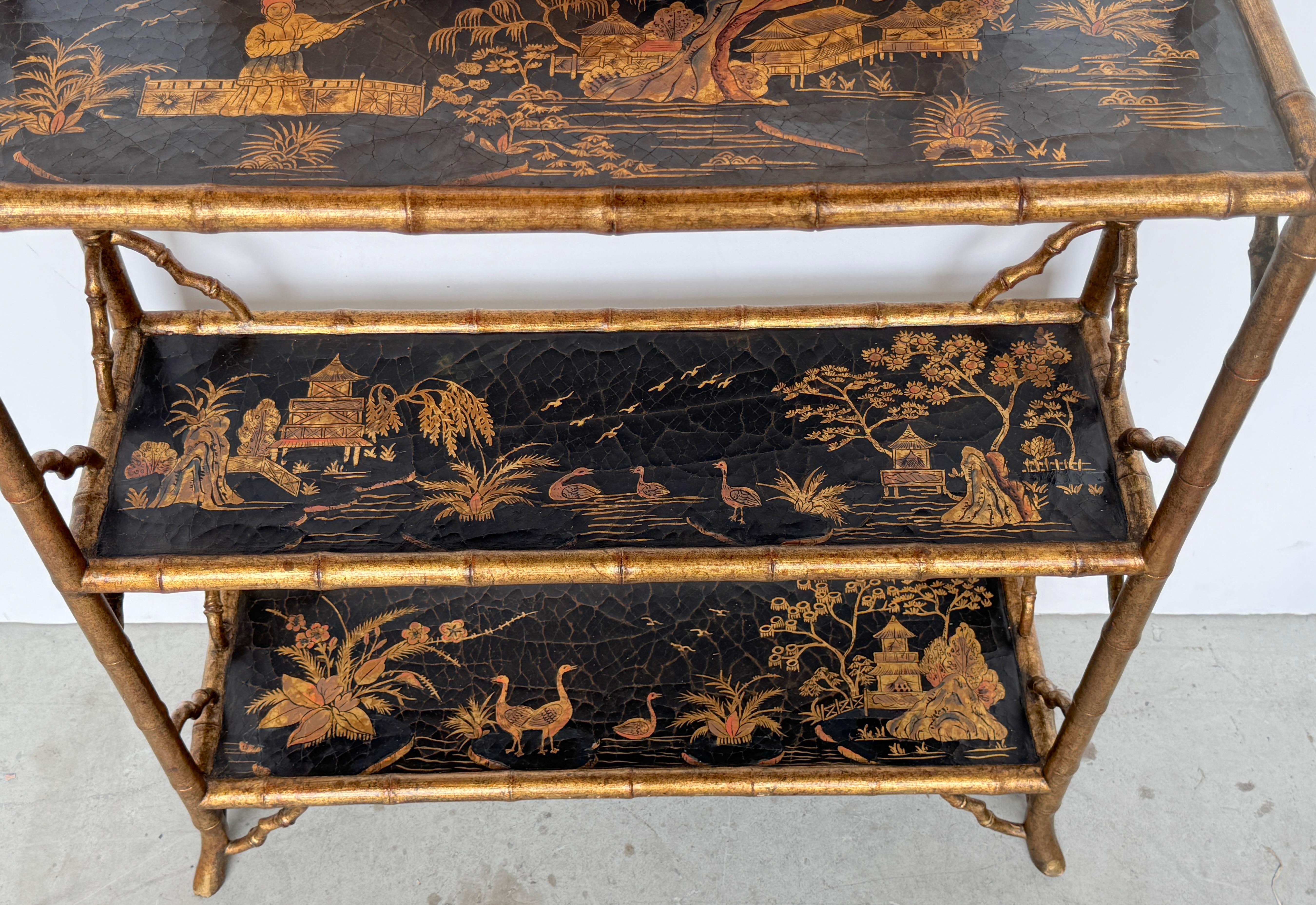 Stunning Chinoiserie Gilt Decorated Lacquered 3-Tier Bookcase/Wall Shelf 2