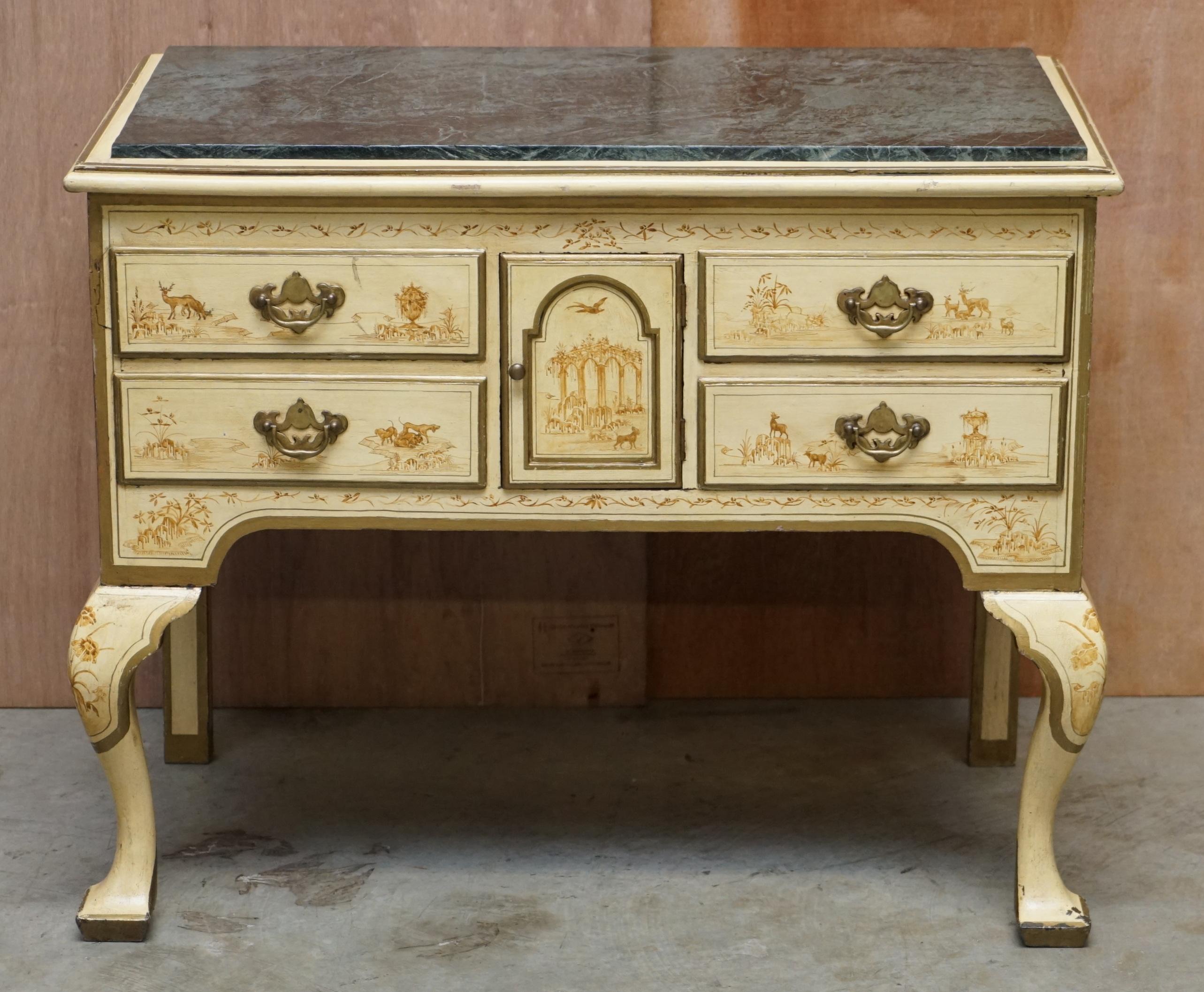 We are delighted to offer this stunning hand painted marble topped Chinoiserie Chinese Chippendale taste sideboard 

A very good looking and decorative sideboard, its hand painted with rural scenes depicting animals and what looks like Roman