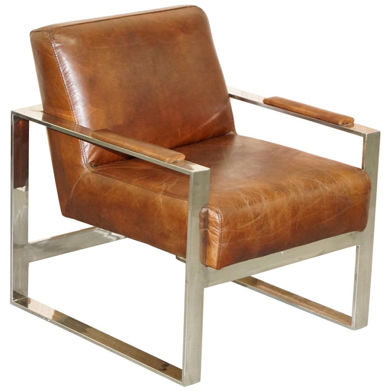Stunning Chrome And Vintage Brown, Vintage Brown Leather Chair