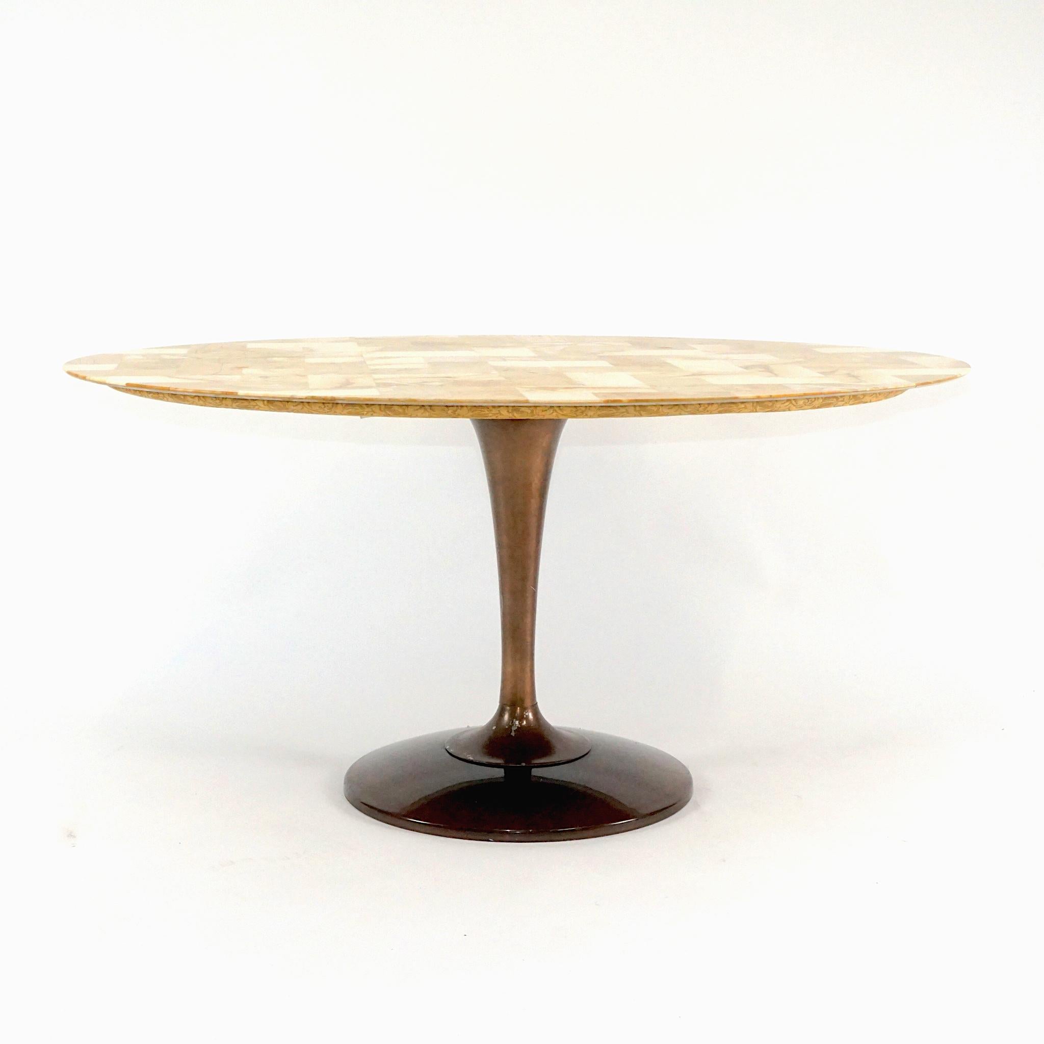 American Stunning Chrome Craft Patchwork Top Mid-Century Modern Oval Tulip Based Table