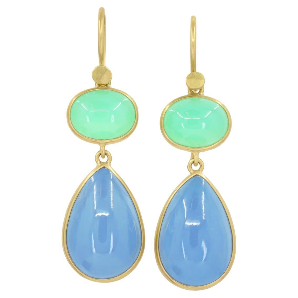 Stunning Chrysoprase Oval Aquamarine Pear Yellow Gold Earrings, Lola Brooks 2023 For Sale