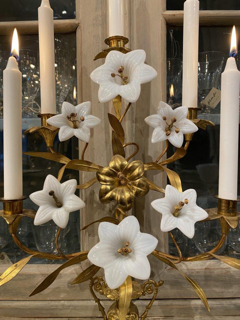 French Stunning Church Candelabra, Opaline Flowers, Brass Ornamentation