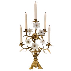 Stunning Church Candelabra, Opaline Flowers, Brass Ornamentation